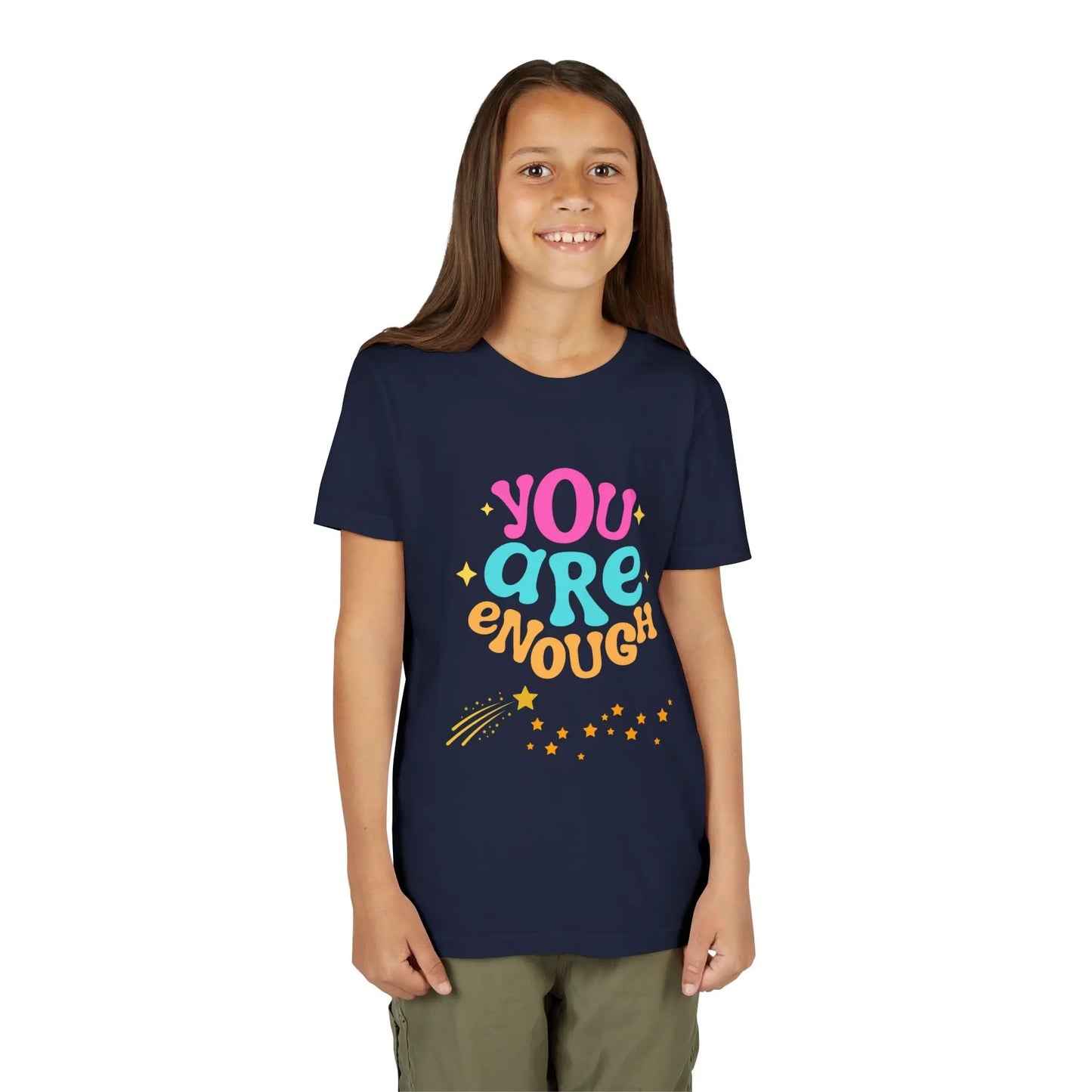 Youth Wearing a "You Are Enough" youth tee — a soft, uplifting kids shirt with a faith-inspired message of confidence, self-love, and kindness. Perfect for everyday wear. Shop the Collection, Navy