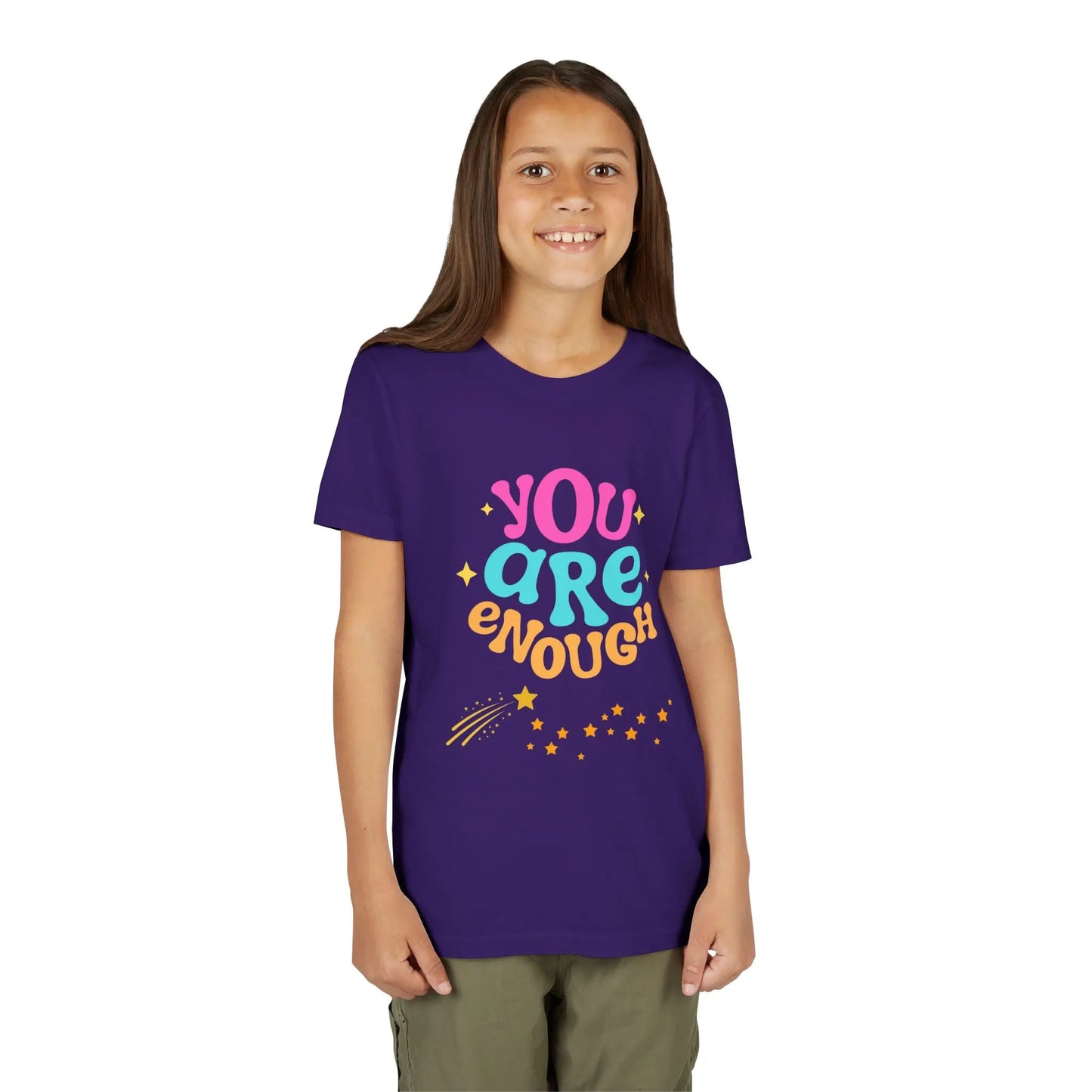 Youth Wearing a "You Are Enough" youth tee — a soft, uplifting kids shirt with a faith-inspired message of confidence, self-love, and kindness. Perfect for everyday wear. Shop the Collection, Team Purple