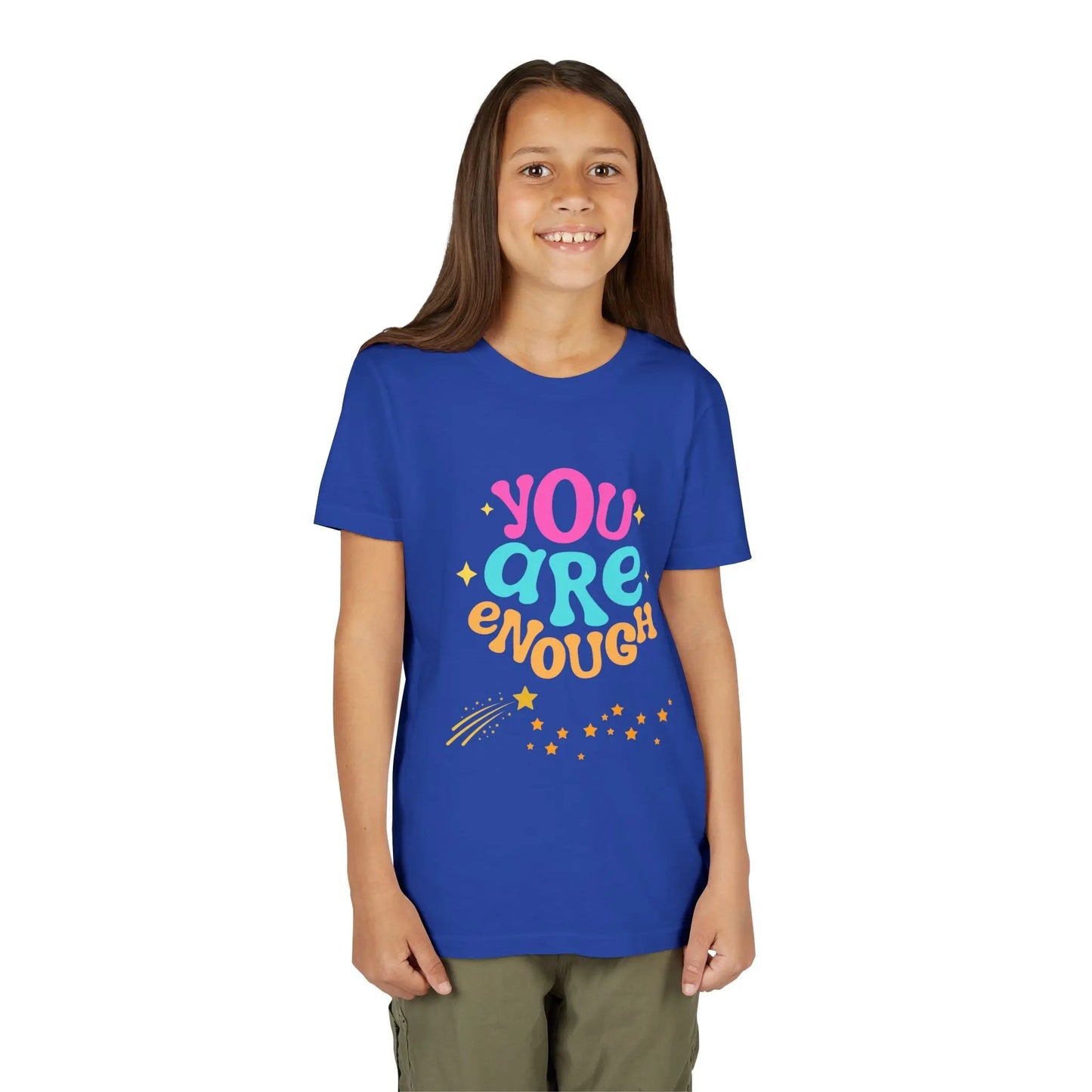Youth Wearing a "You Are Enough" youth tee — a soft, uplifting kids shirt with a faith-inspired message of confidence, self-love, and kindness. Perfect for everyday wear. Shop the Collection, True Royal