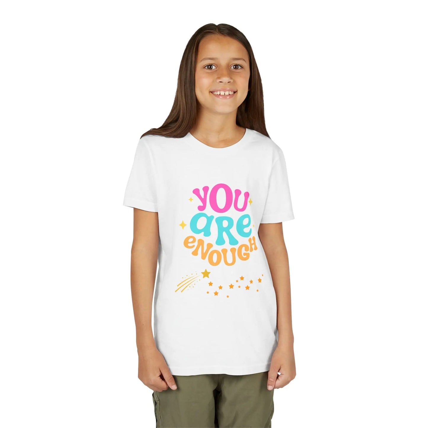 Youth Wearing a "You Are Enough" youth tee — a soft, uplifting kids shirt with a faith-inspired message of confidence, self-love, and kindness. Perfect for everyday wear. Shop the Collection, White