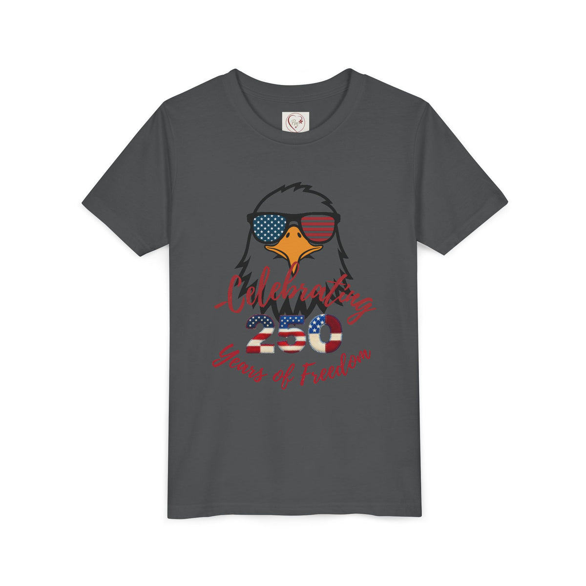Show off America's 250th birthday in this soft Bella Canvas youth tee! Features a bold patriotic eagle in American-flag sunglasses. Perfect for 4th of July parades & cookouts. Sizes S–XL. Asphalt