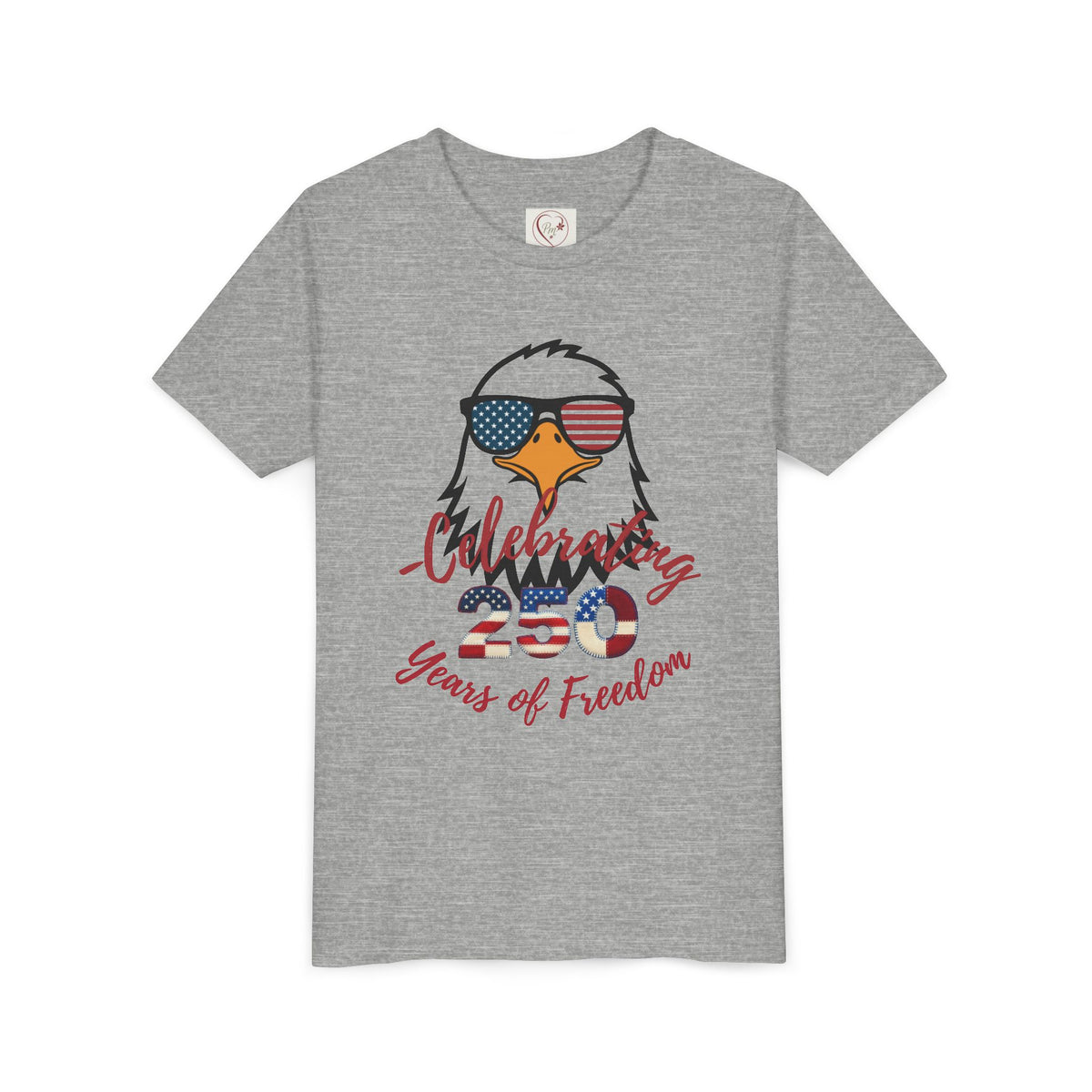 Show off America's 250th birthday in this soft Bella Canvas youth tee! Features a bold patriotic eagle in American-flag sunglasses. Perfect for 4th of July parades & cookouts. Sizes S–XL. Athletic Heather
