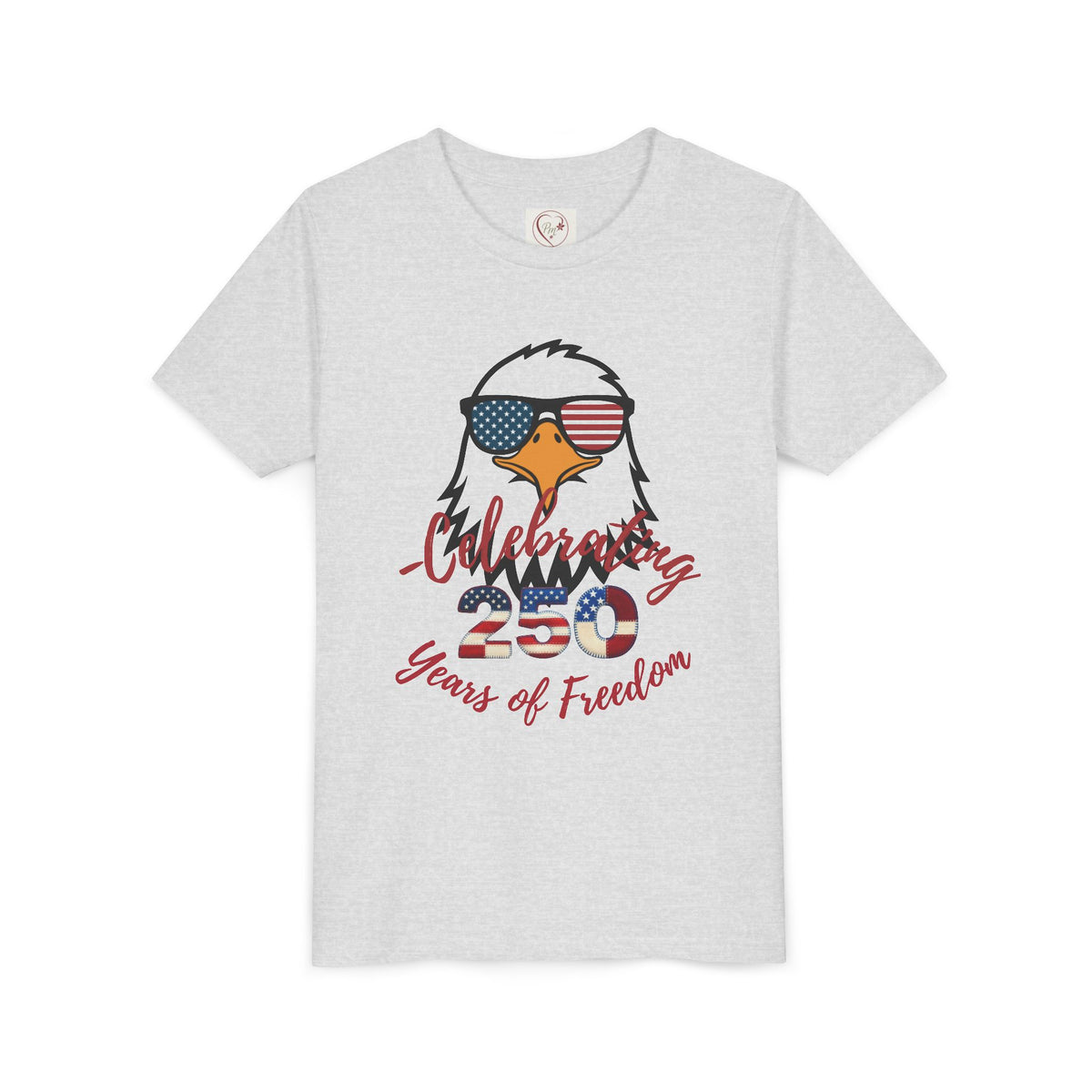 Show off America's 250th birthday in this soft Bella Canvas youth tee! Features a bold patriotic eagle in American-flag sunglasses. Perfect for 4th of July parades & cookouts. Sizes S–XL. Athletic Heather