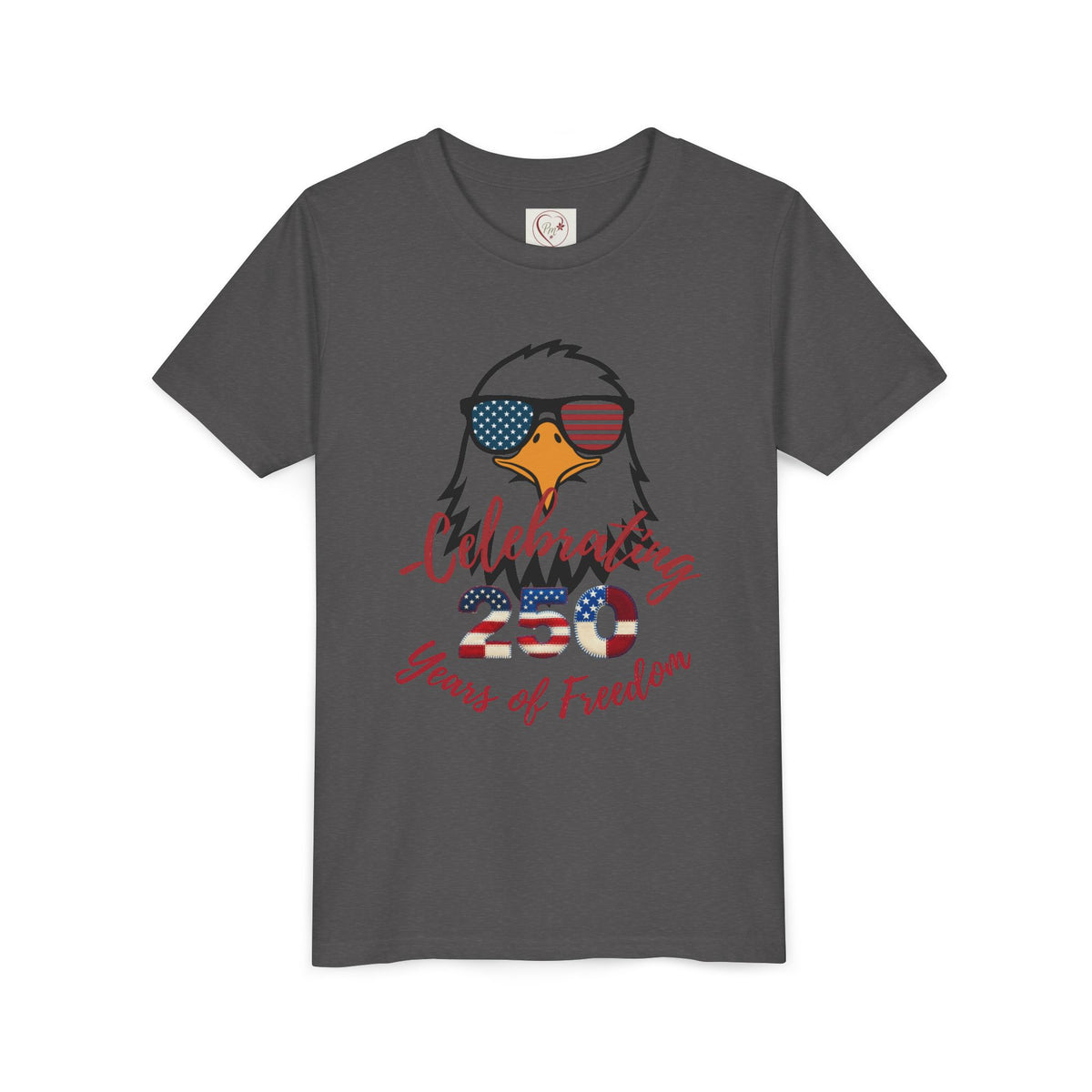 Show off America's 250th birthday in this soft Bella Canvas youth tee! Features a bold patriotic eagle in American-flag sunglasses. Perfect for 4th of July parades & cookouts. Sizes S–XL. Dark Heather Grey