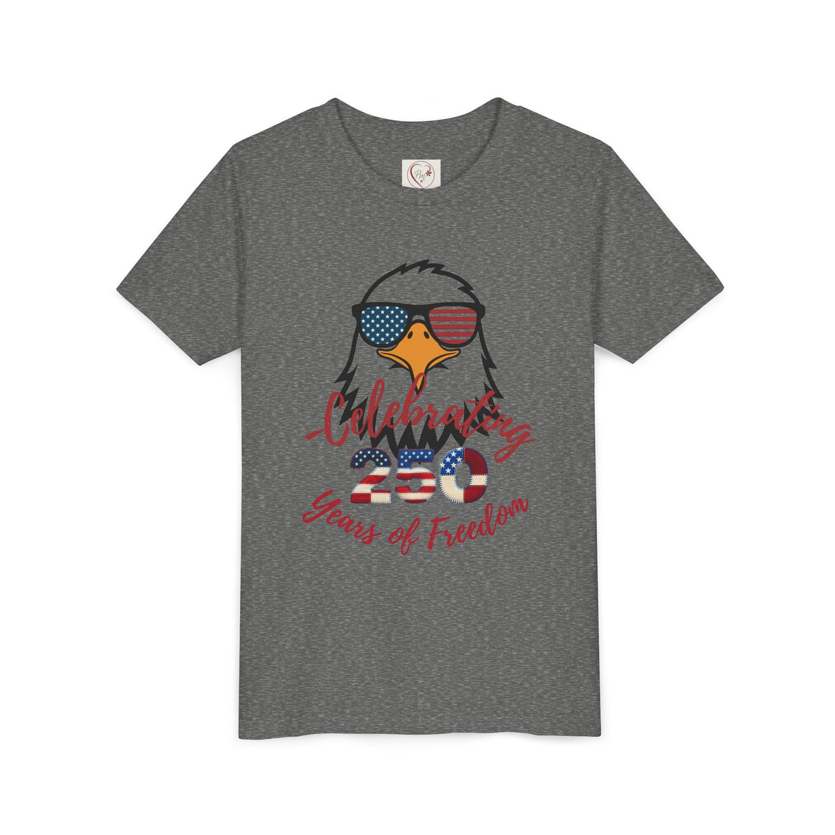 Show off America's 250th birthday in this soft Bella Canvas youth tee! Features a bold patriotic eagle in American-flag sunglasses. Perfect for 4th of July parades & cookouts. Sizes S–XL. Deep Heather