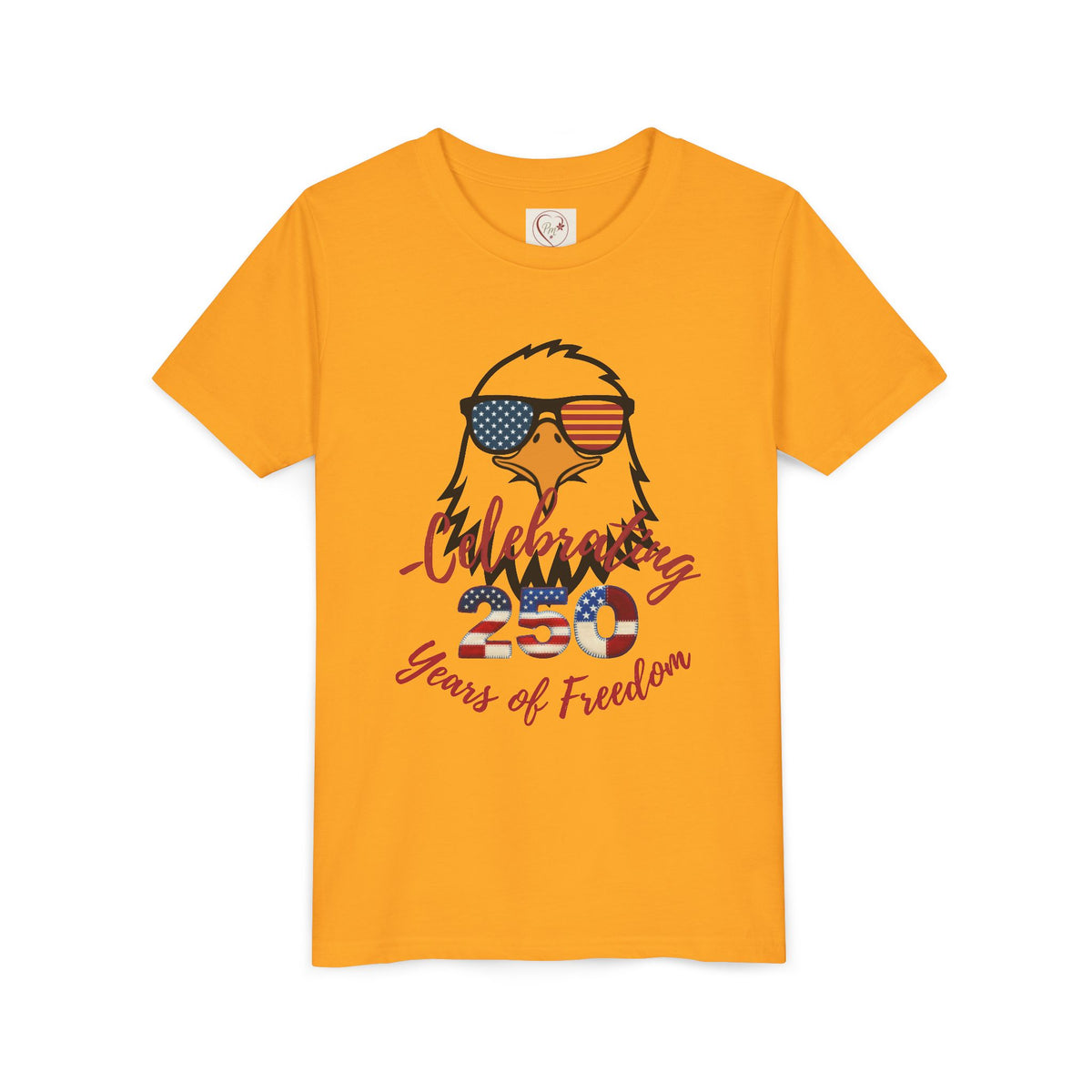 Show off America's 250th birthday in this soft Bella Canvas youth tee! Features a bold patriotic eagle in American-flag sunglasses. Perfect for 4th of July parades & cookouts. Sizes S–XL. Gold