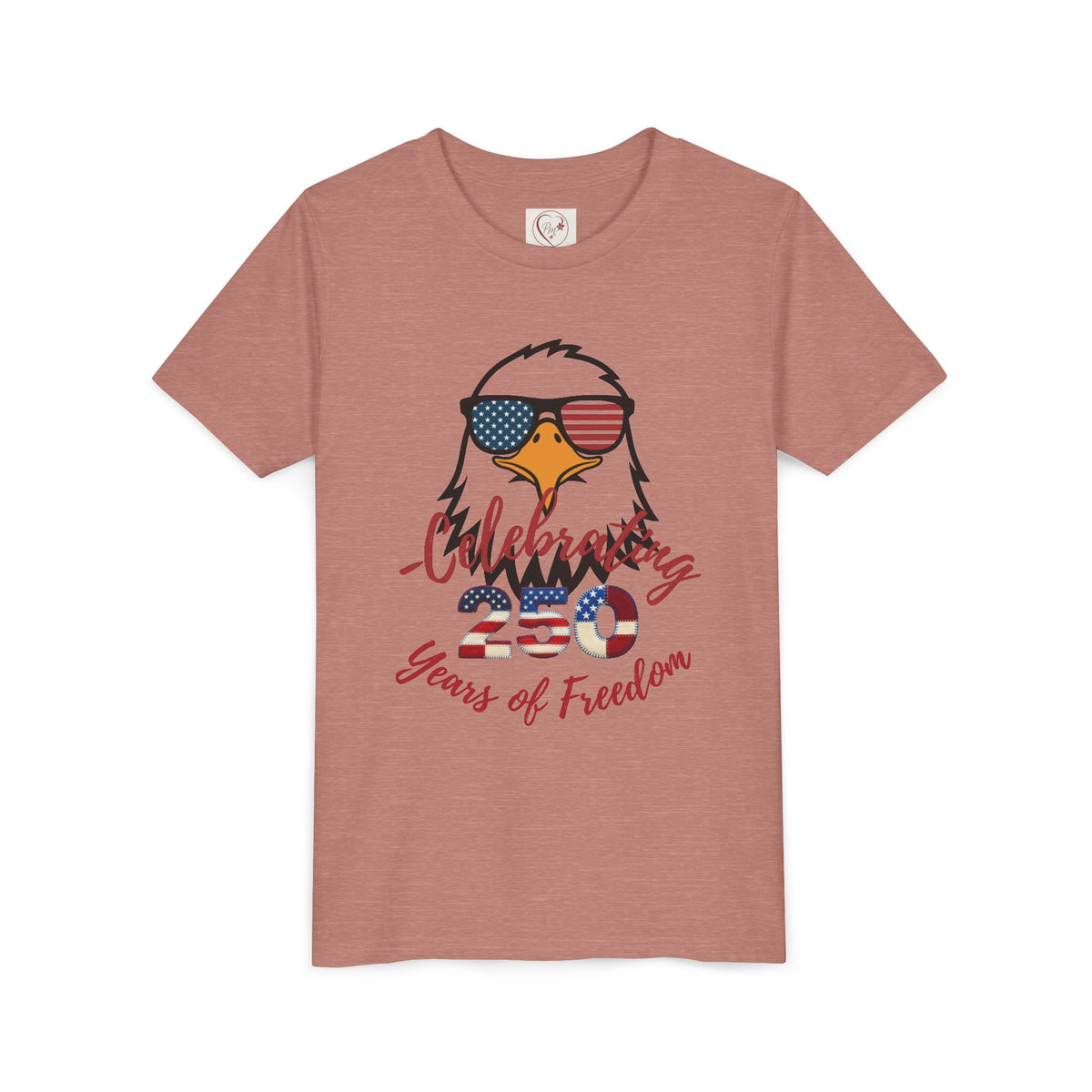Show off America's 250th birthday in this soft Bella Canvas youth tee! Features a bold patriotic eagle in American-flag sunglasses. Perfect for 4th of July parades & cookouts. Sizes S–XL. Heather Mauve