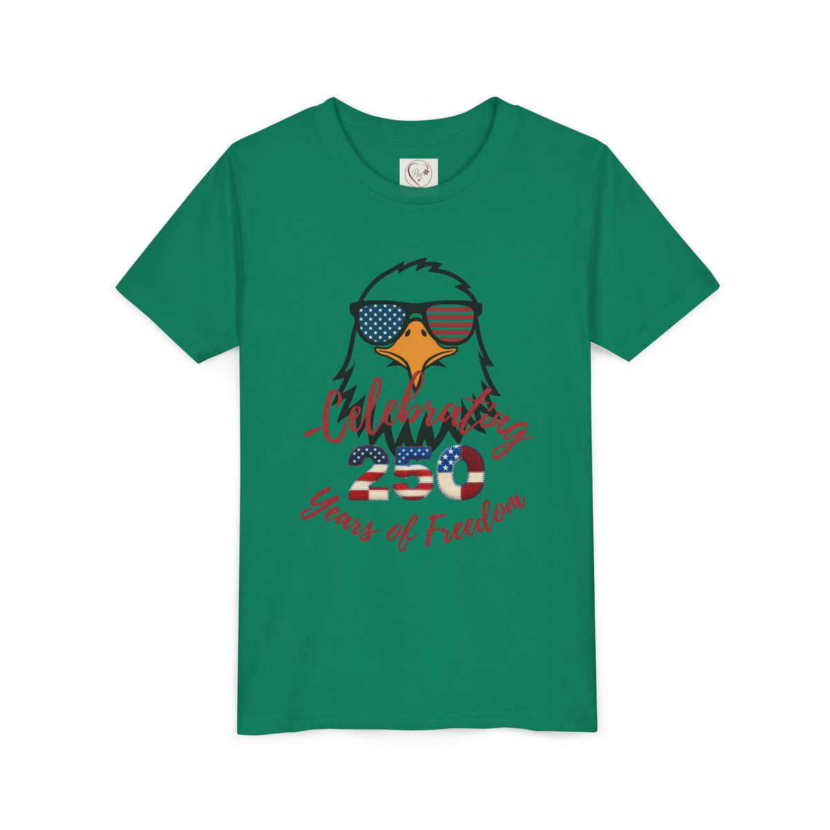 Show off America's 250th birthday in this soft Bella Canvas youth tee! Features a bold patriotic eagle in American-flag sunglasses. Perfect for 4th of July parades & cookouts. Sizes S–XL. Kelly Green