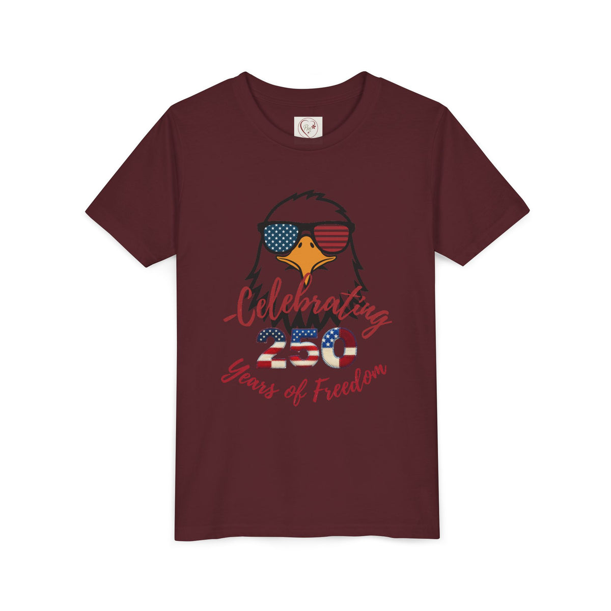 Show off America's 250th birthday in this soft Bella Canvas youth tee! Features a bold patriotic eagle in American-flag sunglasses. Perfect for 4th of July parades & cookouts. Sizes S–XL. Maroon