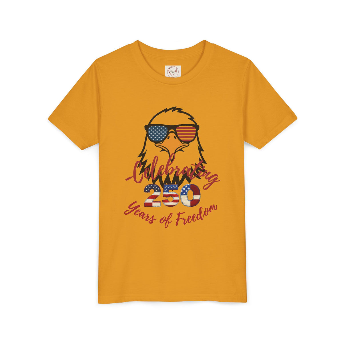 Show off America's 250th birthday in this soft Bella Canvas youth tee! Features a bold patriotic eagle in American-flag sunglasses. Perfect for 4th of July parades & cookouts. Sizes S–XL. Mustard