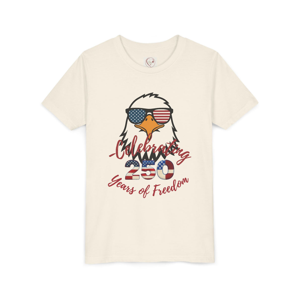 Show off America's 250th birthday in this soft Bella Canvas youth tee! Features a bold patriotic eagle in American-flag sunglasses. Perfect for 4th of July parades & cookouts. Sizes S–XL. Natural