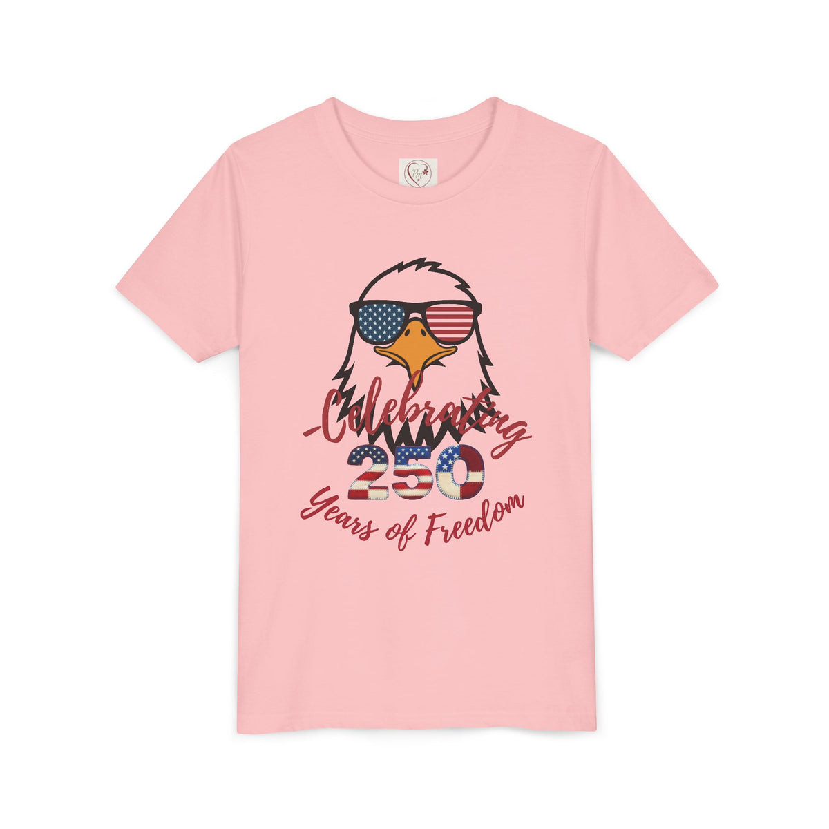 Show off America's 250th birthday in this soft Bella Canvas youth tee! Features a bold patriotic eagle in American-flag sunglasses. Perfect for 4th of July parades & cookouts. Sizes S–XL. Pink