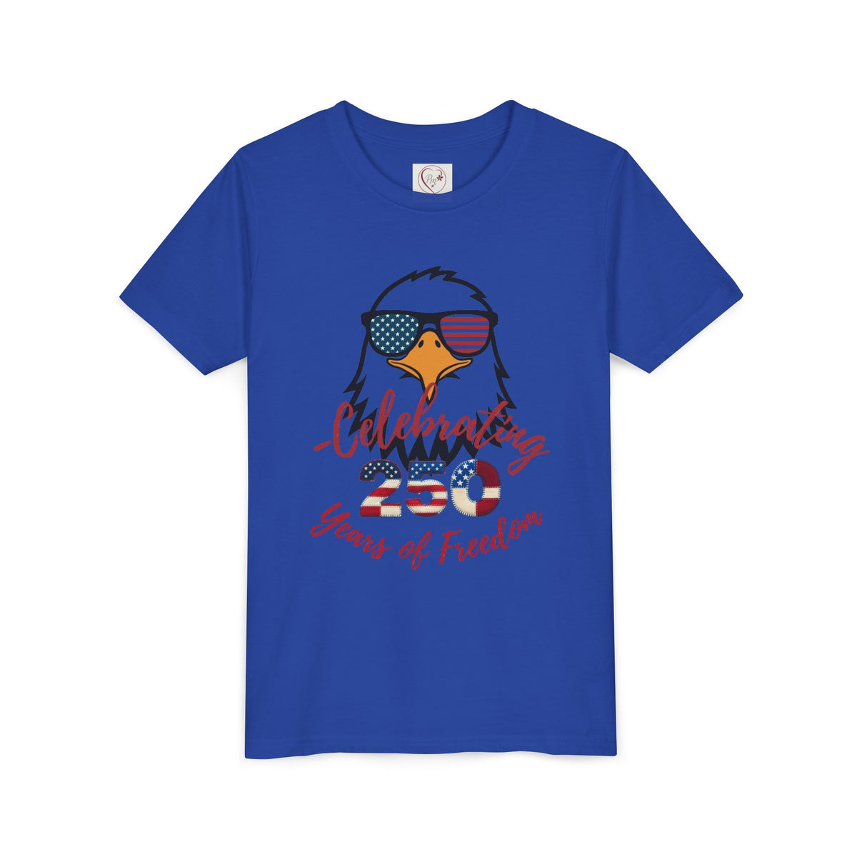Show off America's 250th birthday in this soft Bella Canvas youth tee! Features a bold patriotic eagle in American-flag sunglasses. Perfect for 4th of July parades & cookouts. Sizes S–XL. True Royal