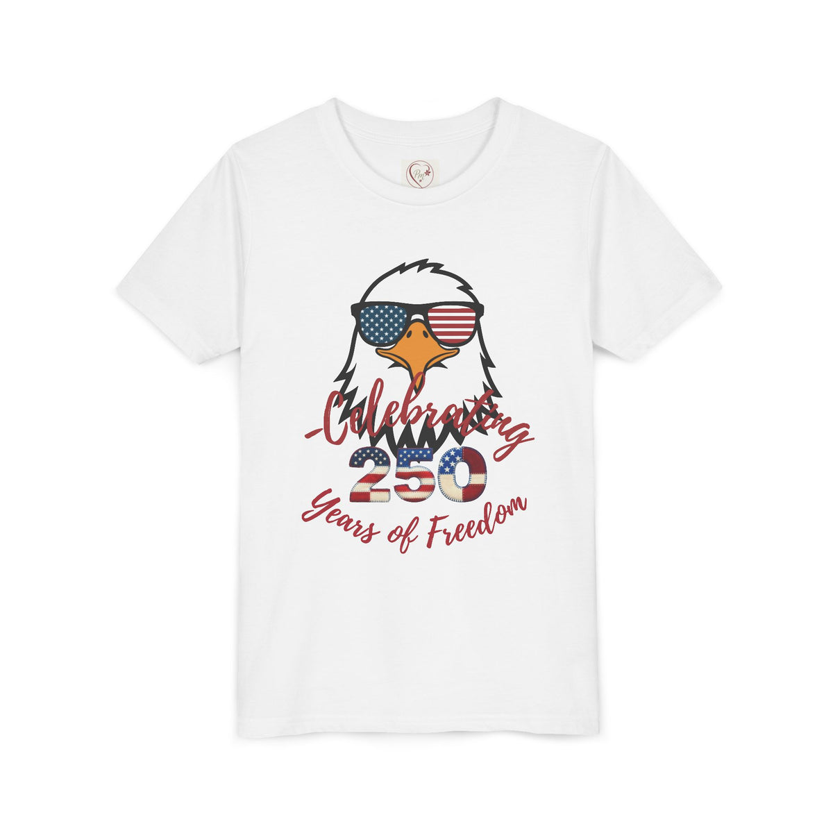 Show off America's 250th birthday in this soft Bella Canvas youth tee! Features a bold patriotic eagle in American-flag sunglasses. Perfect for 4th of July parades & cookouts. Sizes S–XL. White