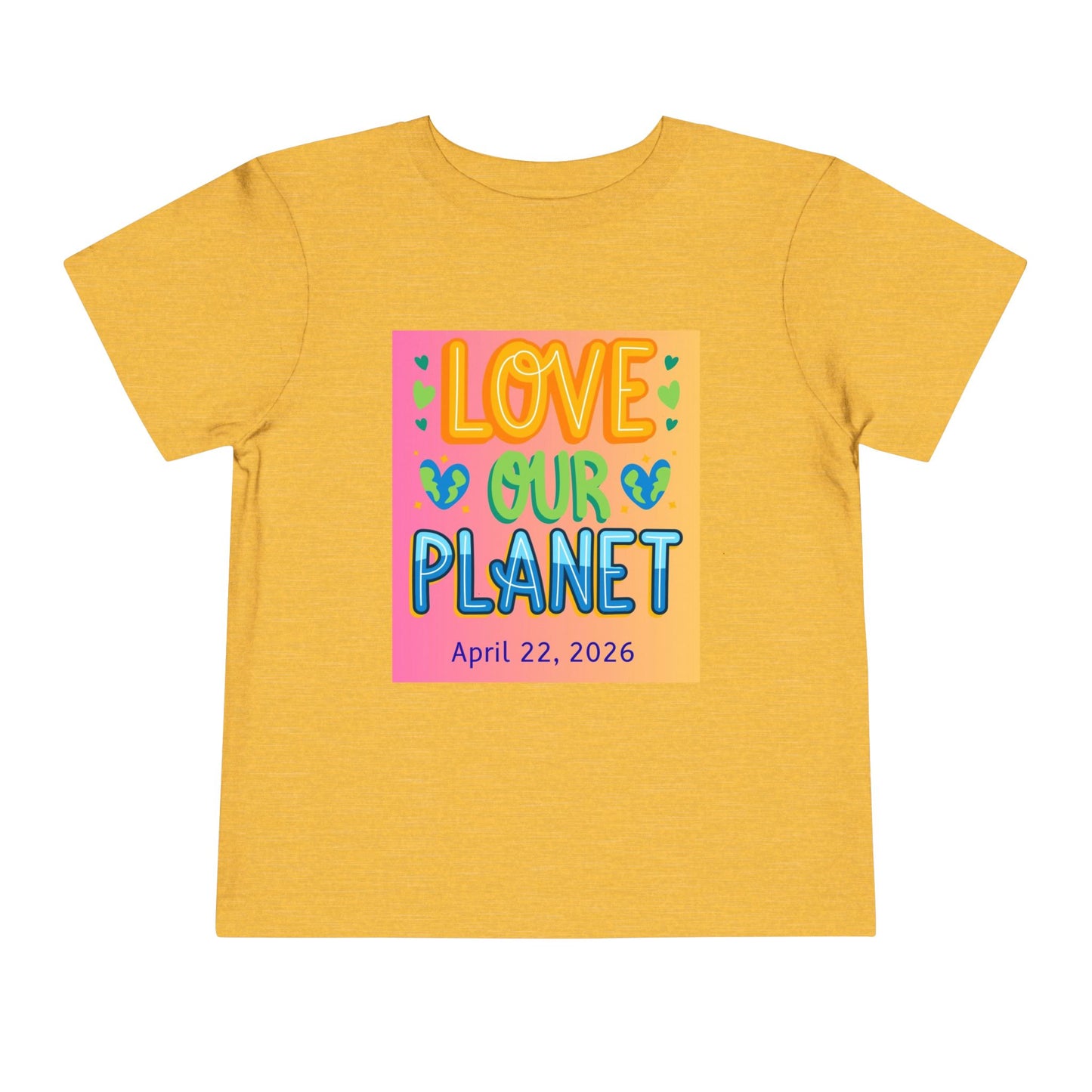 Soft cotton toddler tee with Love Our Planet message, hearts, and leaves. Perfect for Earth Day 2026 celebrations and eco-friendly kids. Sizes 2T-5T.
Heather Yellow Gold