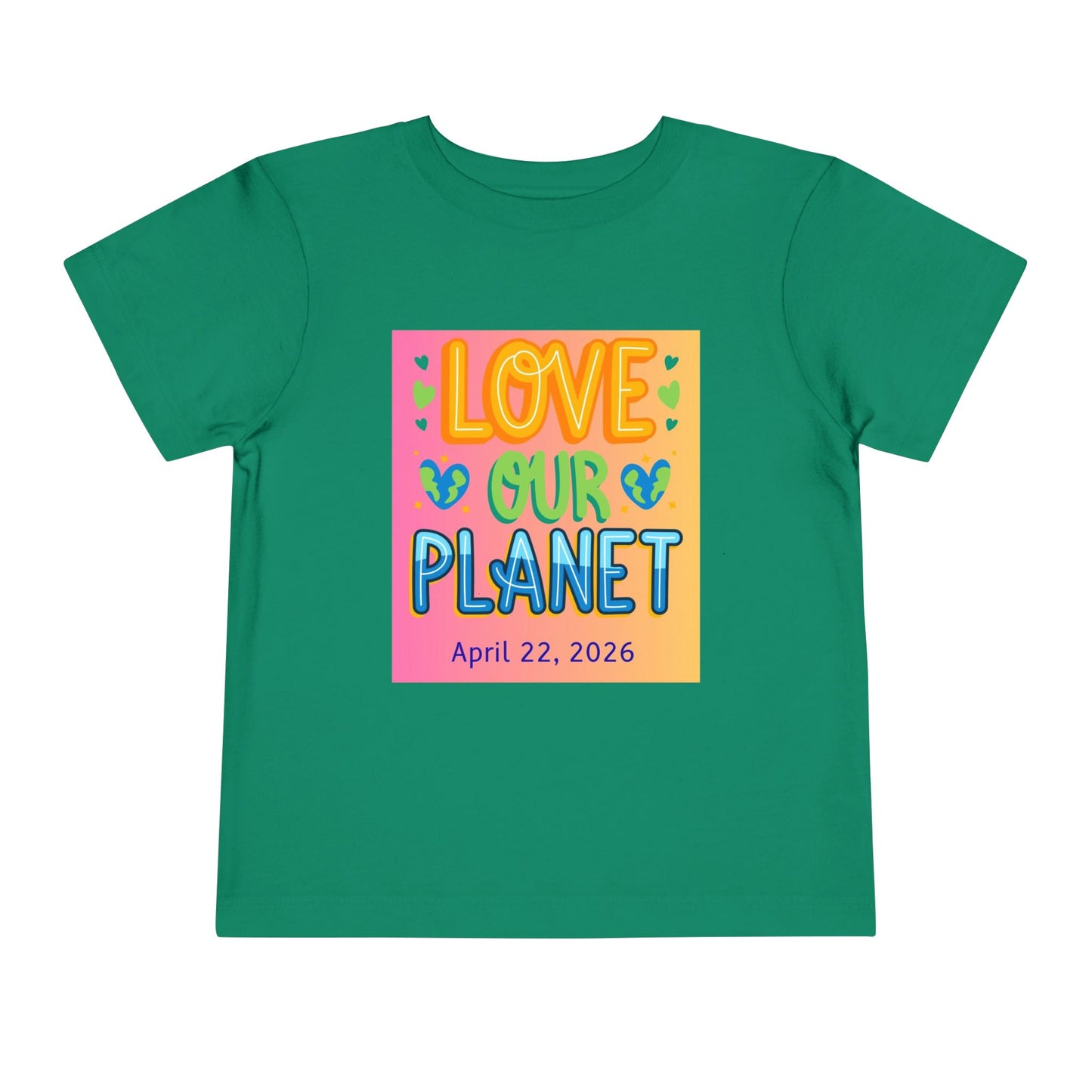 Soft cotton toddler tee with Love Our Planet message, hearts, and leaves. Perfect for Earth Day 2026 celebrations and eco-friendly kids. Sizes 2T-5T.
Kelly Green