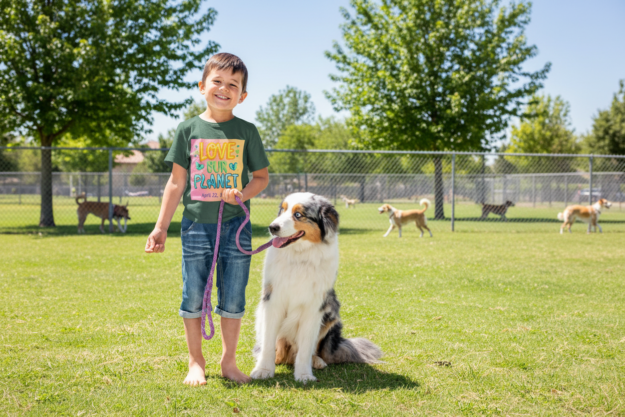 Youth wearing Earth Day tee with Love Our Planet colorful lettering and leaf design, Green
