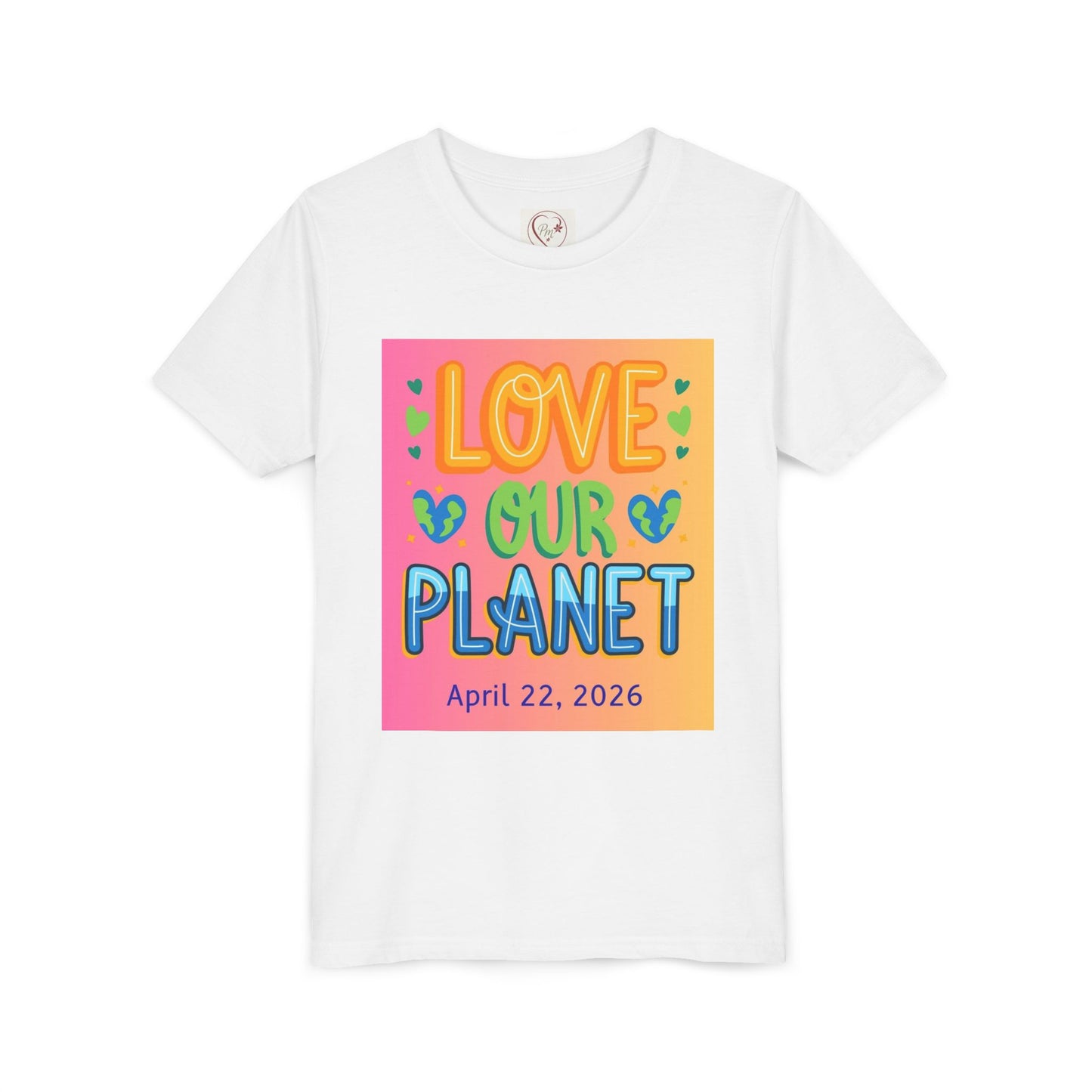 Soft cotton youth tee with Love Our Planet and Happy Earth Day graphics. Perfect for school celebrations and eco-conscious kids. Sizes S-XL.
White