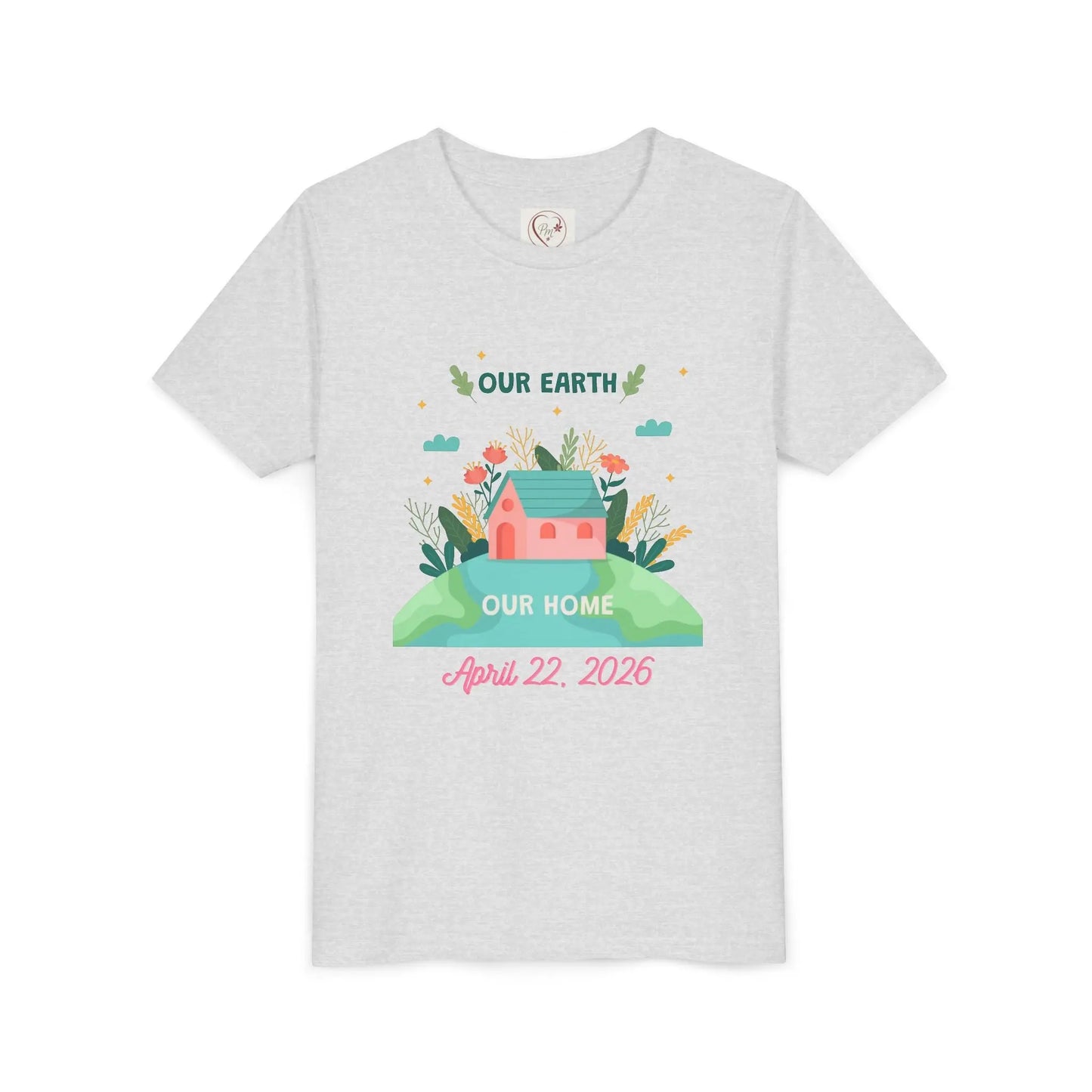 Soft cotton youth tee with Our Earth Our Home design and green hill. Perfect for Earth Day 2026 celebrations and eco-friendly kids. Sizes S-XL.
Ash