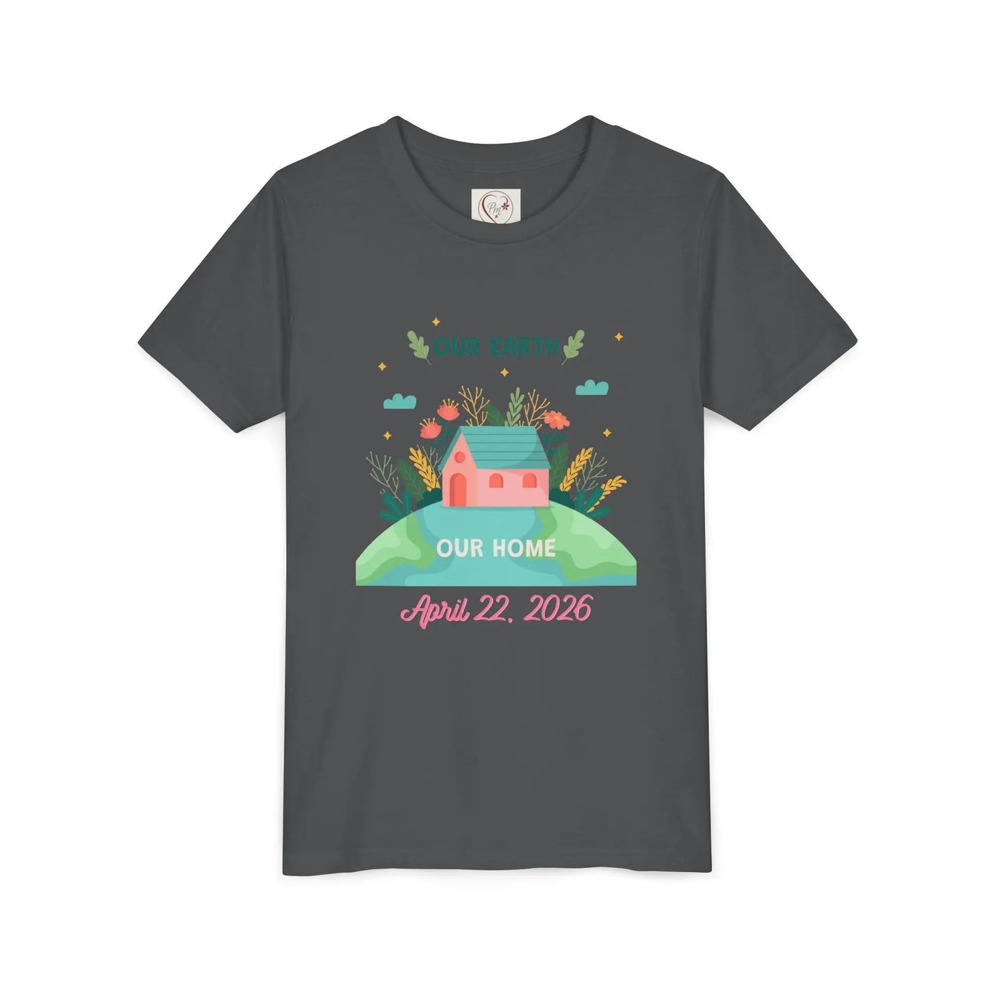 Soft cotton youth tee with Our Earth Our Home design and green hill. Perfect for Earth Day 2026 celebrations and eco-friendly kids. Sizes S-XL. Asphalt