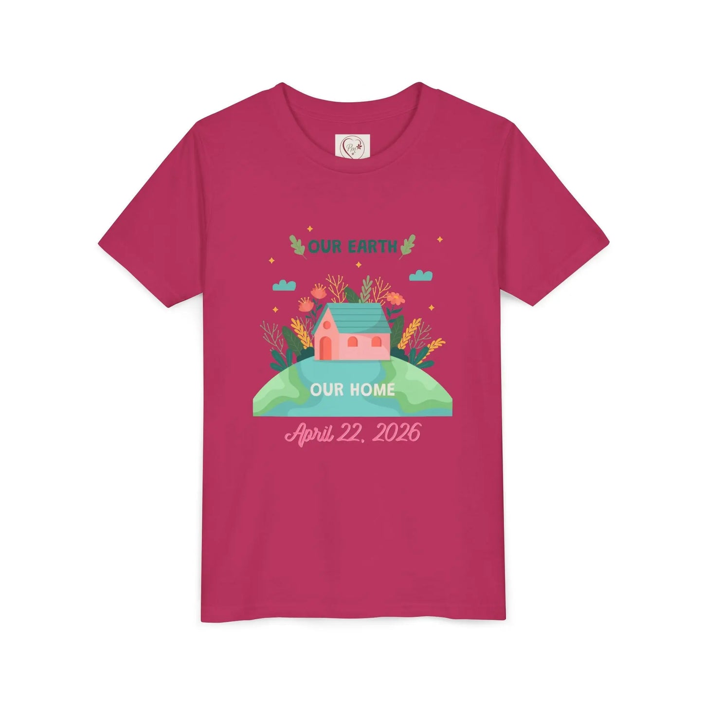 Soft cotton youth tee with Our Earth Our Home design and green hill. Perfect for Earth Day 2026 celebrations and eco-friendly kids. Sizes S-XL. Berry