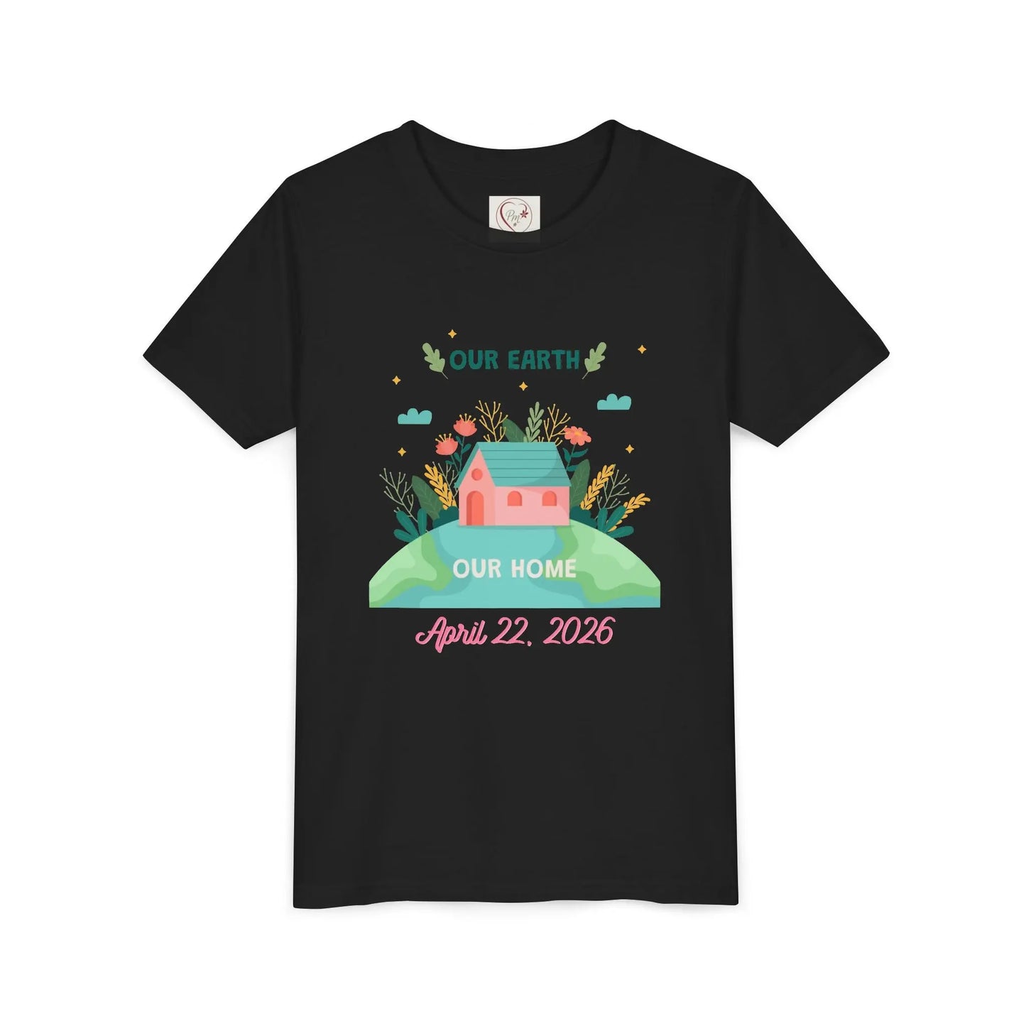 Soft cotton youth tee with Our Earth Our Home design and green hill. Perfect for Earth Day 2026 celebrations and eco-friendly kids. Sizes S-XL. Black