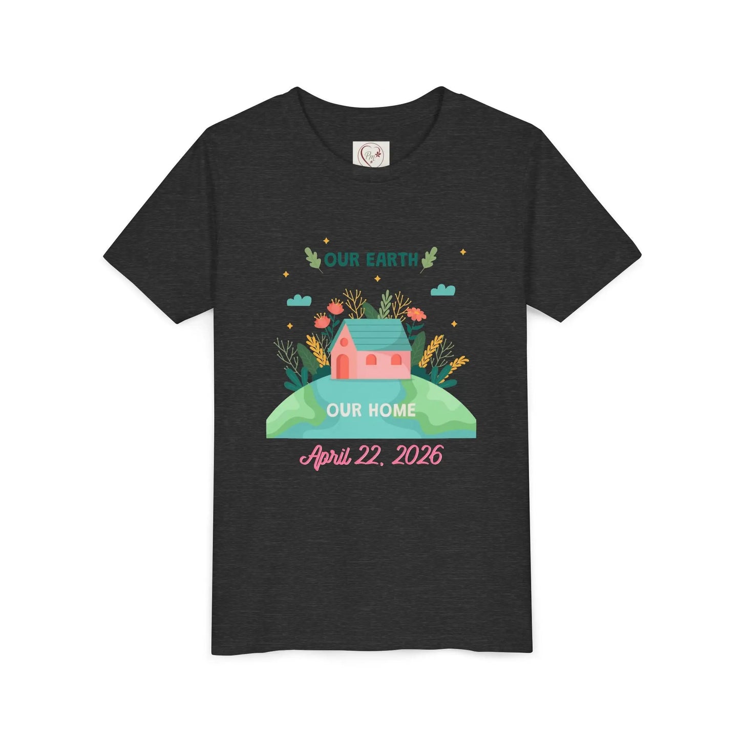 Soft cotton youth tee with Our Earth Our Home design and green hill. Perfect for Earth Day 2026 celebrations and eco-friendly kids. Sizes S-XL. Dark Grey Heather 