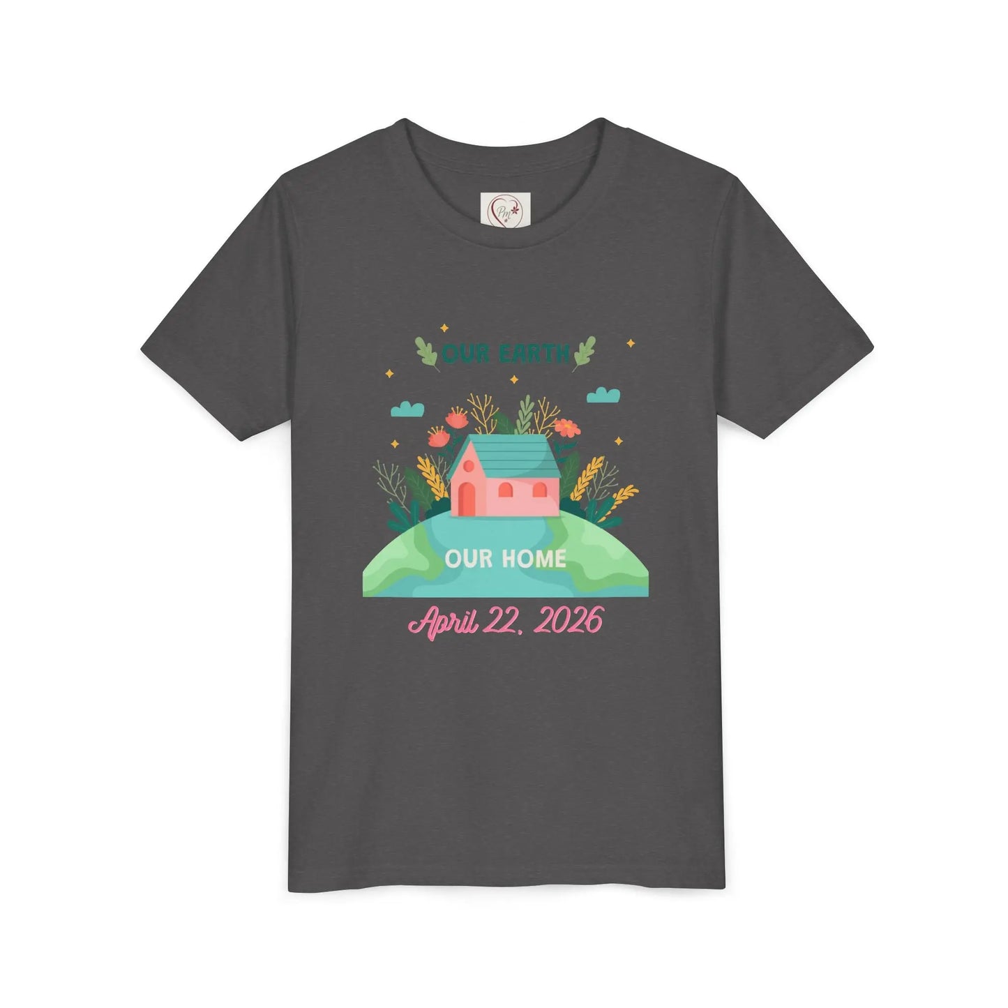 Soft cotton youth tee with Our Earth Our Home design and green hill. Perfect for Earth Day 2026 celebrations and eco-friendly kids. Sizes S-XL. Dark Heather Grey