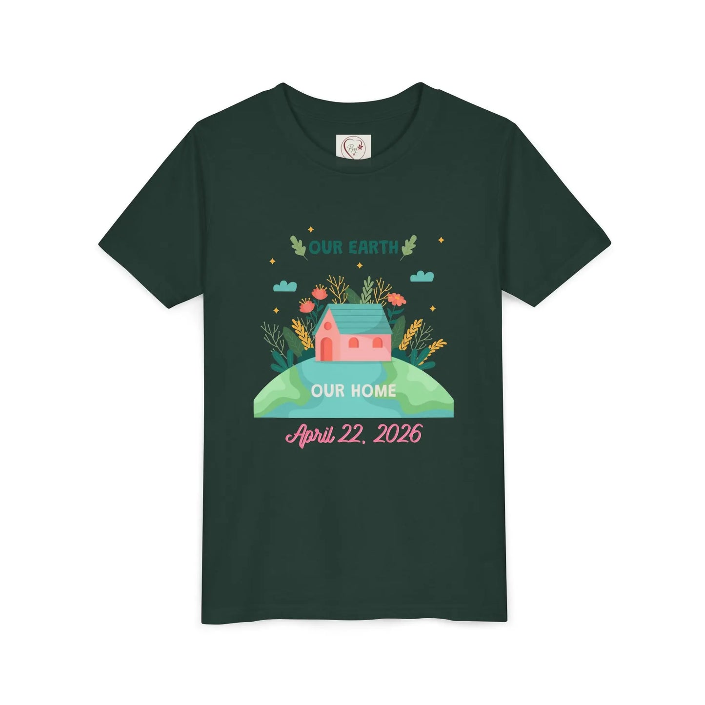 Soft cotton youth tee with Our Earth Our Home design and green hill. Perfect for Earth Day 2026 celebrations and eco-friendly kids. Sizes S-XL. Forest