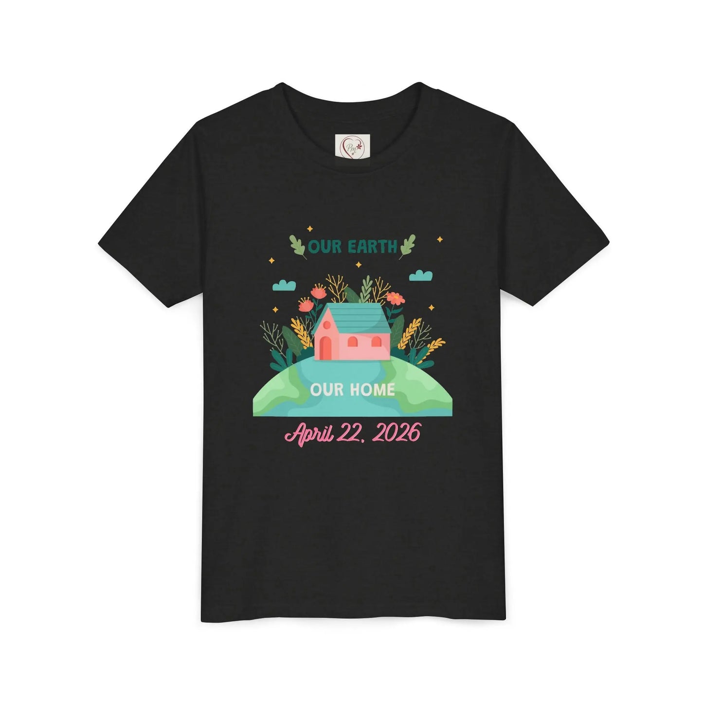 Soft cotton youth tee with Our Earth Our Home design and green hill. Perfect for Earth Day 2026 celebrations and eco-friendly kids. Sizes S-XL. Heather Black