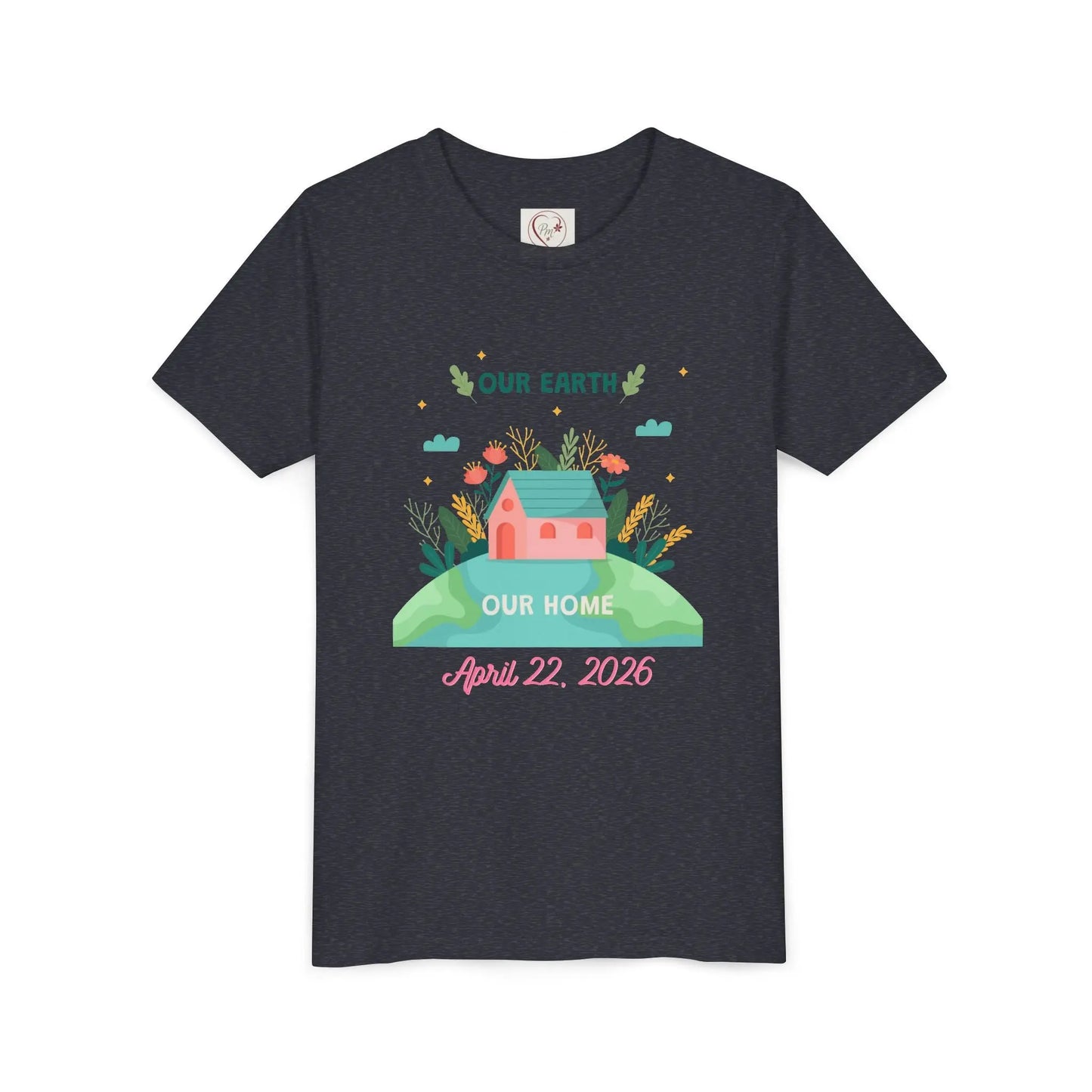 Soft cotton youth tee with Our Earth Our Home design and green hill. Perfect for Earth Day 2026 celebrations and eco-friendly kids. Sizes S-XL. Heather Navy