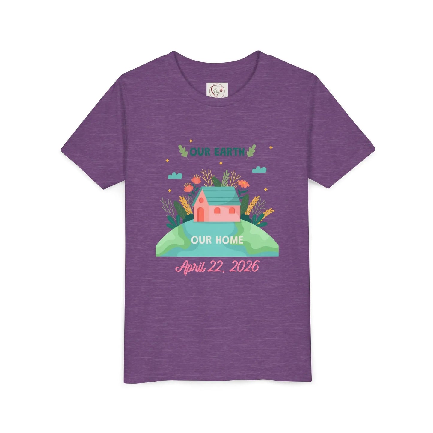 Soft cotton youth tee with Our Earth Our Home design and green hill. Perfect for Earth Day 2026 celebrations and eco-friendly kids. Sizes S-XL. Heather Team Purple
