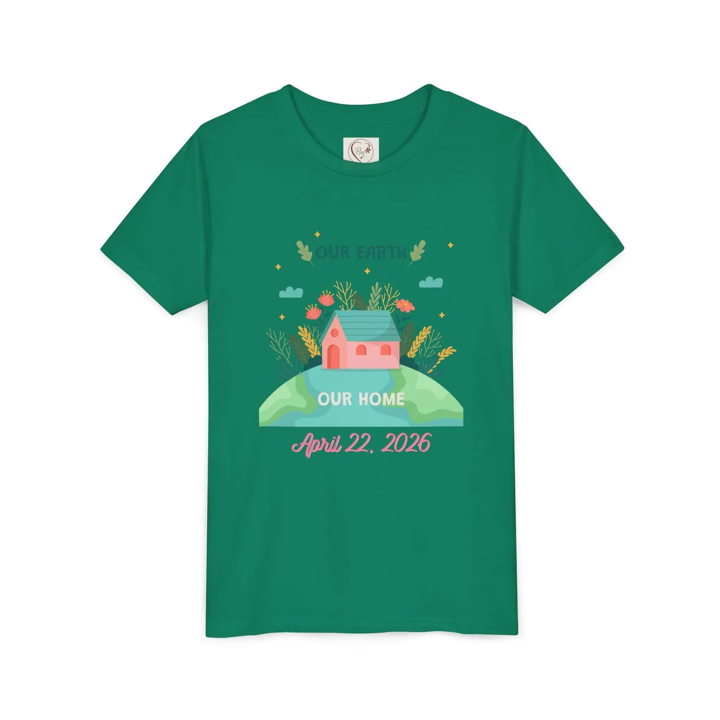 Soft cotton youth tee with Our Earth Our Home design and green hill. Perfect for Earth Day 2026 celebrations and eco-friendly kids. Sizes S-XL. Kelly Green