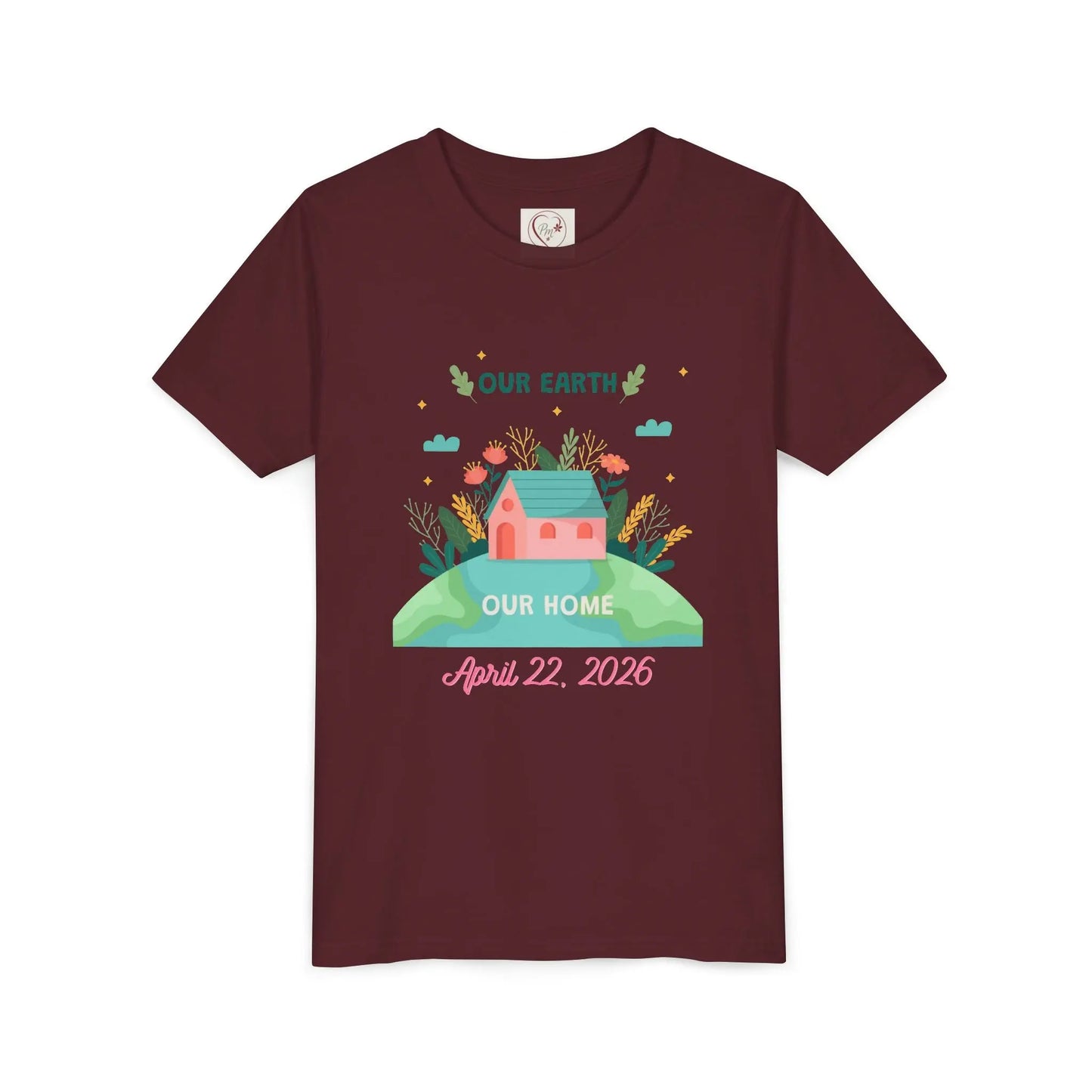 Soft cotton youth tee with Our Earth Our Home design and green hill. Perfect for Earth Day 2026 celebrations and eco-friendly kids. Sizes S-XL. Maroon