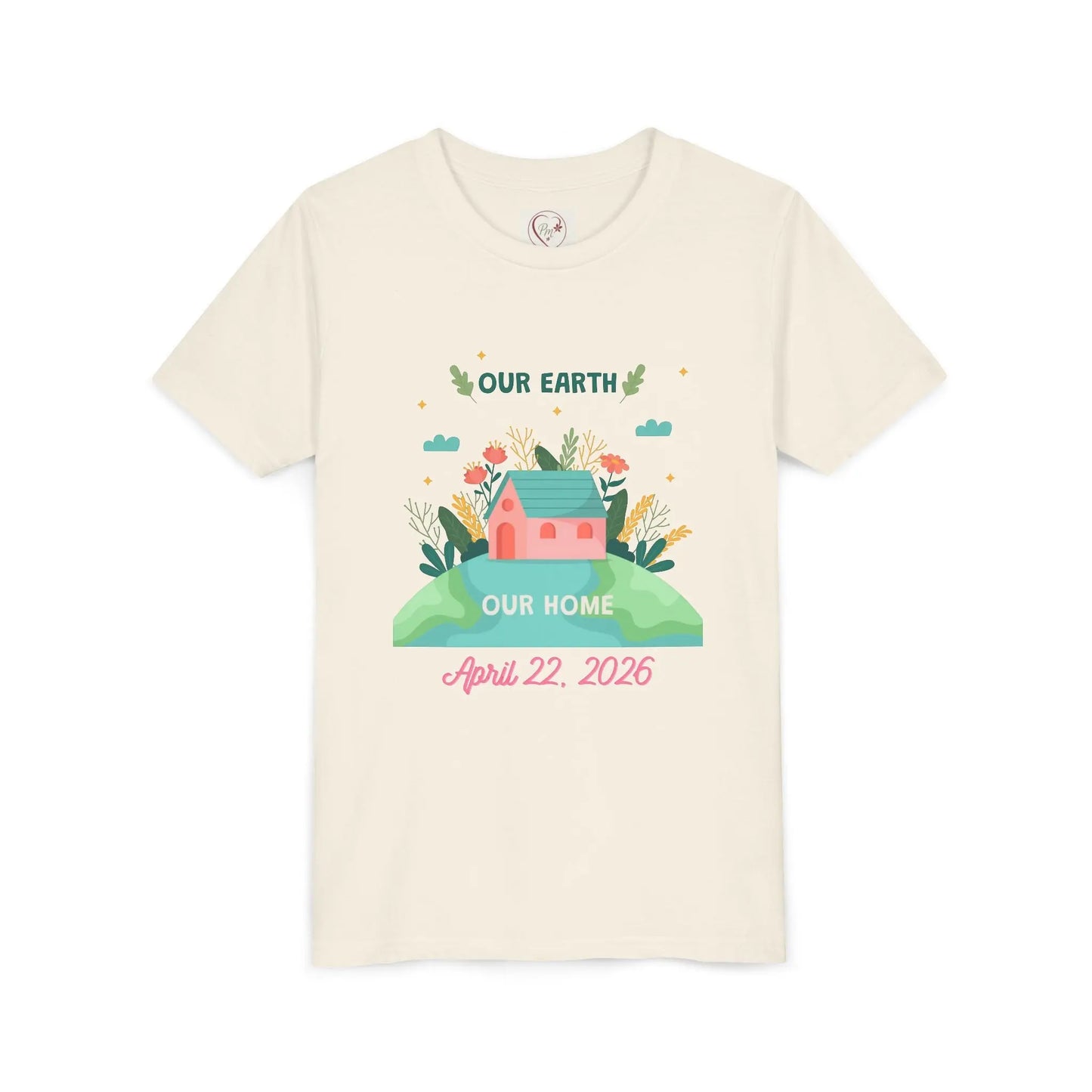 Soft cotton youth tee with Our Earth Our Home design and green hill. Perfect for Earth Day 2026 celebrations and eco-friendly kids. Sizes S-XL. Natural