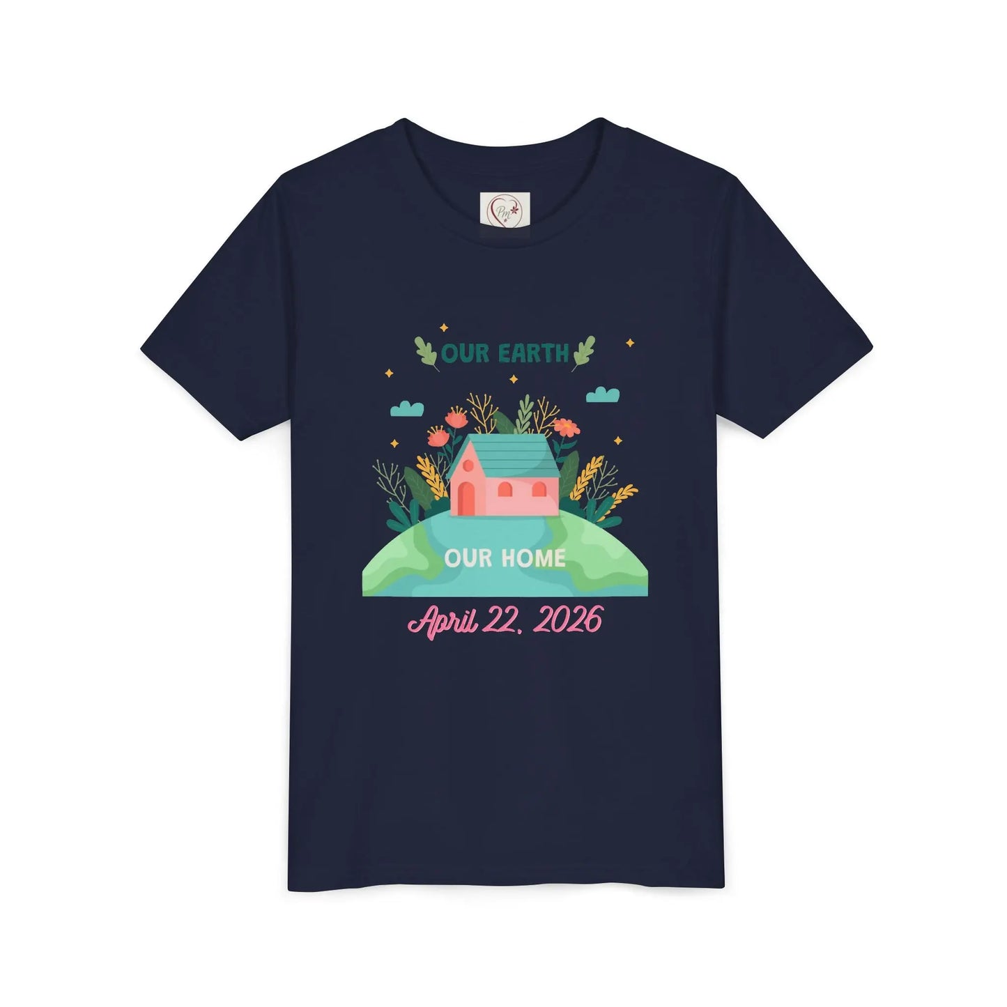 Soft cotton youth tee with Our Earth Our Home design and green hill. Perfect for Earth Day 2026 celebrations and eco-friendly kids. Sizes S-XL. Navy