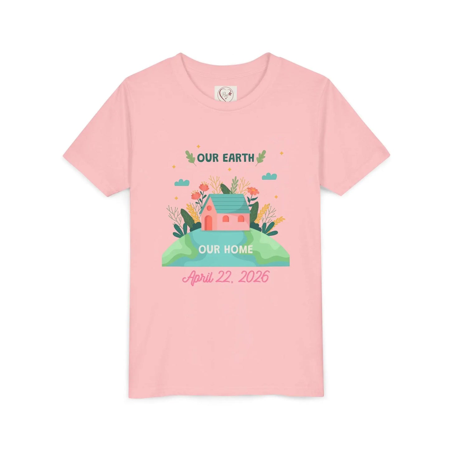 Soft cotton youth tee with Our Earth Our Home design and green hill. Perfect for Earth Day 2026 celebrations and eco-friendly kids. Sizes S-XL. Pink