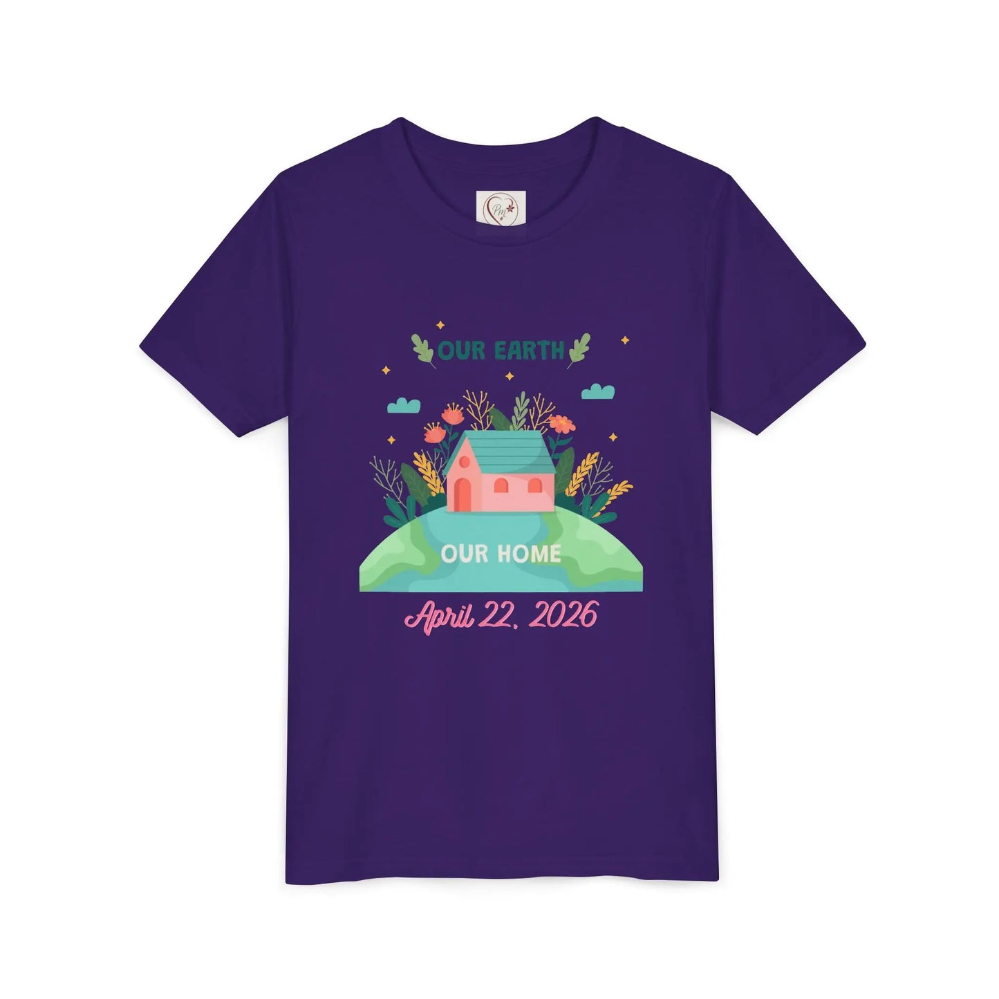 Soft cotton youth tee with Our Earth Our Home design and green hill. Perfect for Earth Day 2026 celebrations and eco-friendly kids. Sizes S-XL. Team Purple