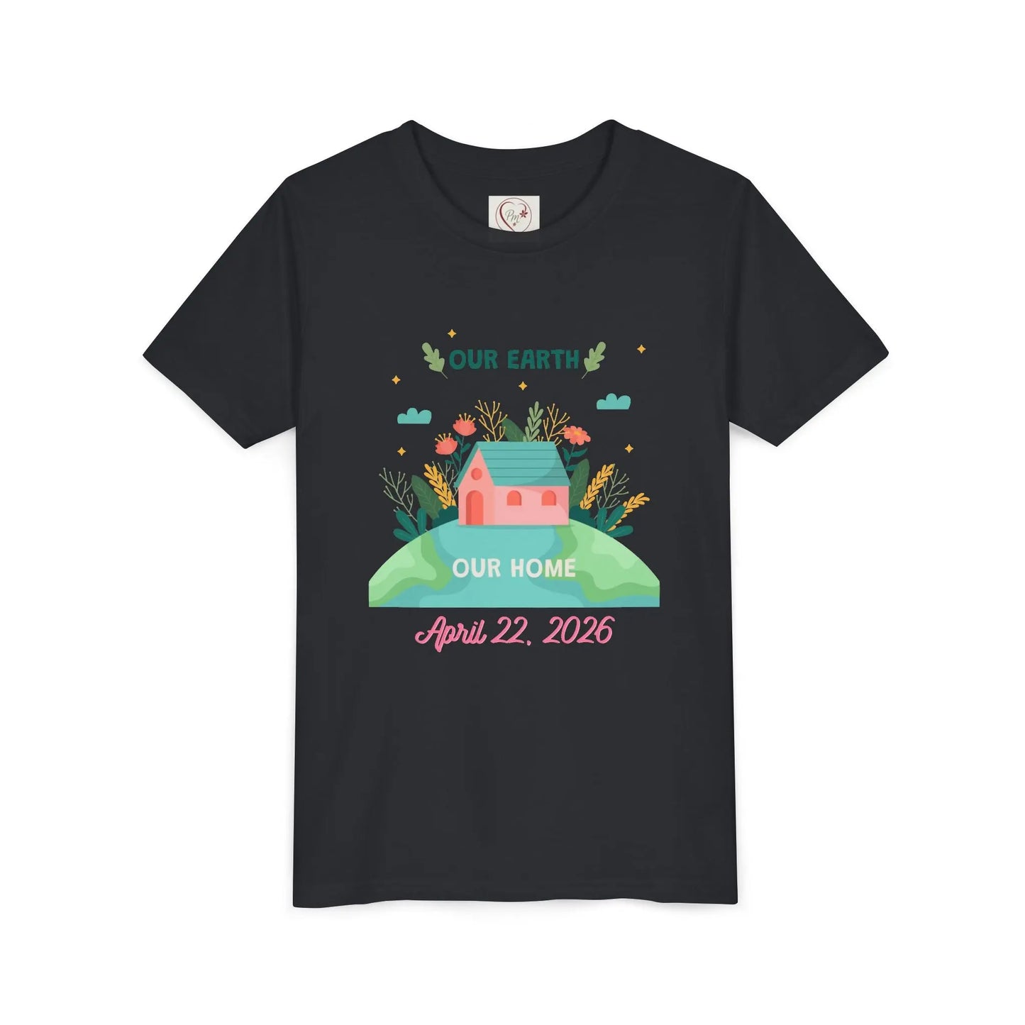 Soft cotton youth tee with Our Earth Our Home design and green hill. Perfect for Earth Day 2026 celebrations and eco-friendly kids. Sizes S-XL. Vintage Black