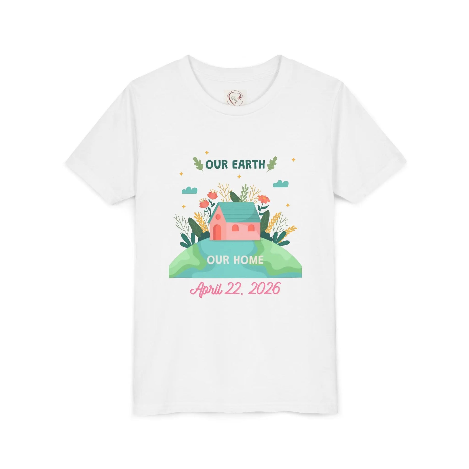 Soft cotton youth tee with Our Earth Our Home design and green hill. Perfect for Earth Day 2026 celebrations and eco-friendly kids. Sizes S-XL. White