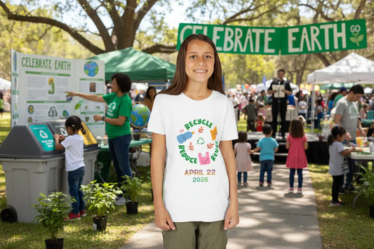 Youth wearing Earth Day tee with recycle reduce reuse icons and green leaves in White
