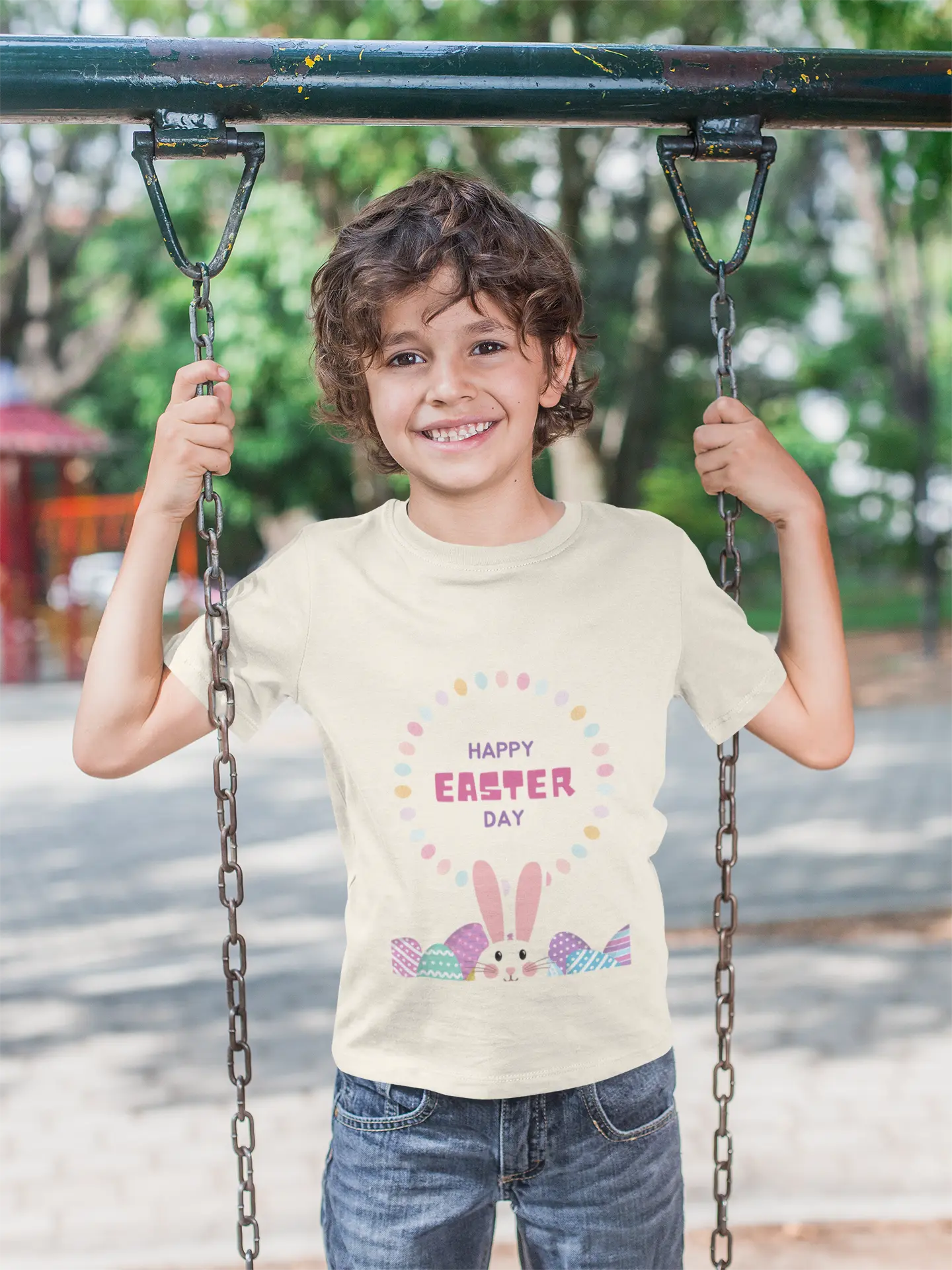 Youth wearing Happy Easter tee with bunny ears and decorated eggs design, Natural

