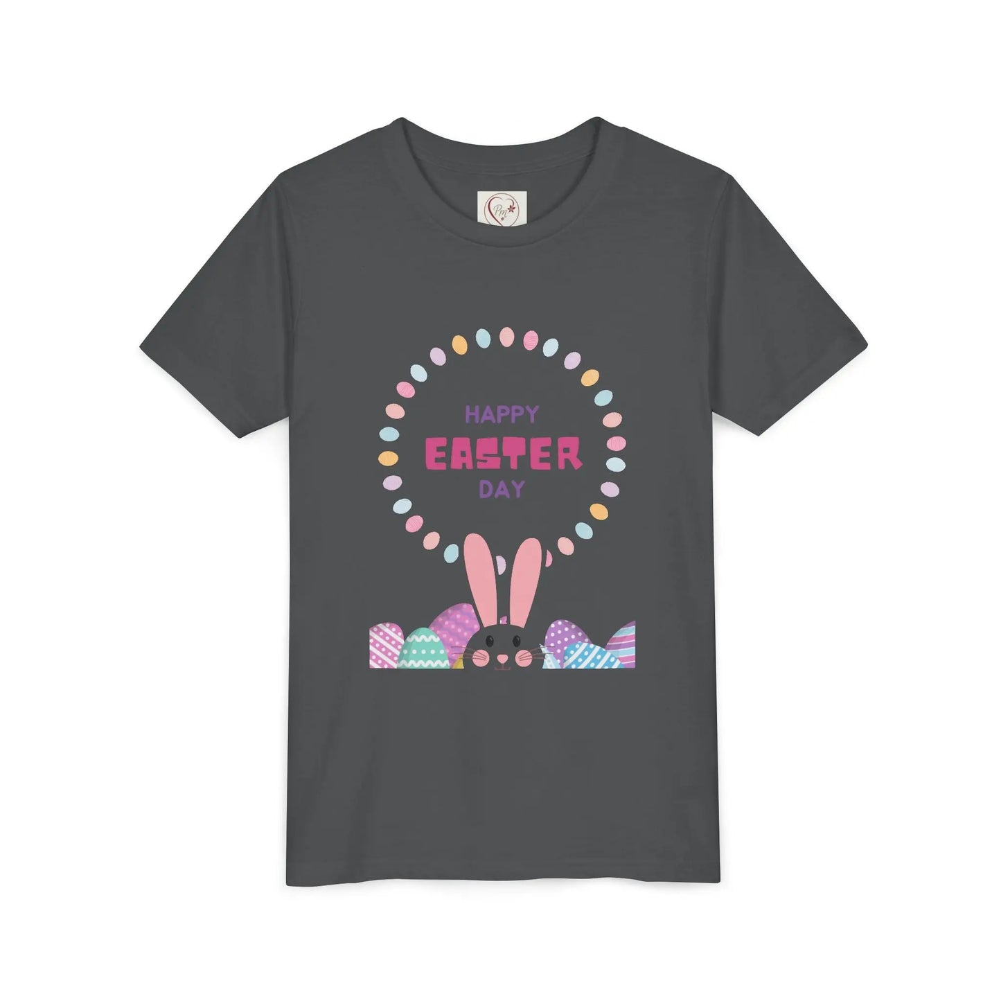 Soft cotton youth tee with Happy Easter pastel lettering, bunny ears, and decorated eggs. Perfect for egg hunts and spring celebrations. Sizes S-XL. Asphalt