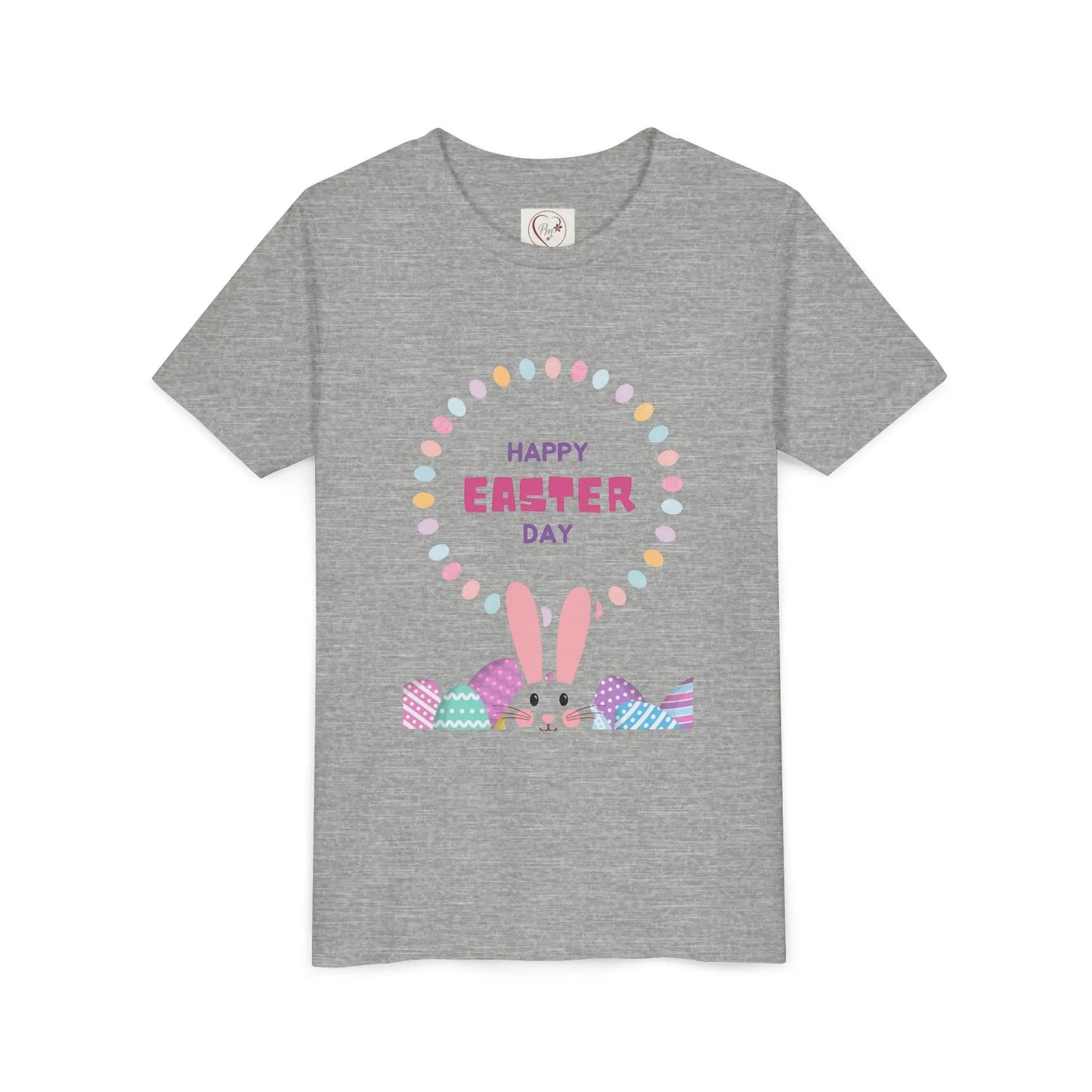 Soft cotton youth tee with Happy Easter pastel lettering, bunny ears, and decorated eggs. Perfect for egg hunts and spring celebrations. Sizes S-XL. Athletic Heather