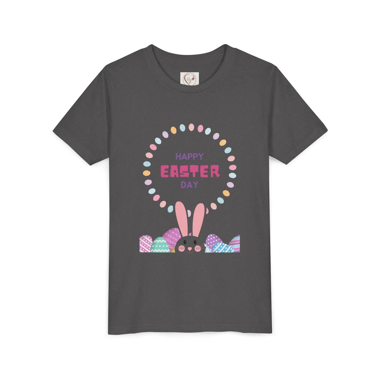 Soft cotton youth tee with Happy Easter pastel lettering, bunny ears, and decorated eggs. Perfect for egg hunts and spring celebrations. Sizes S-XL. Dark Heather Grey