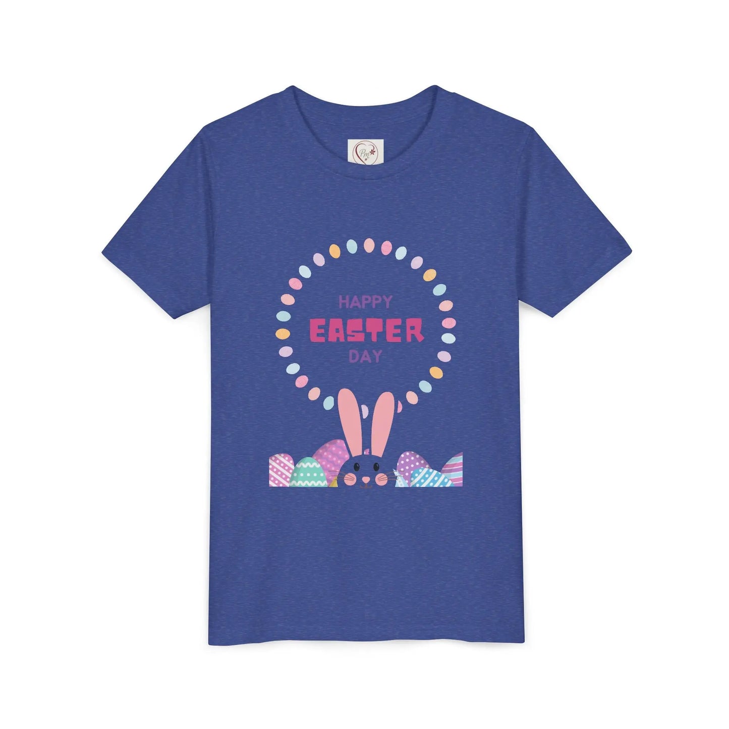 Soft cotton youth tee with Happy Easter pastel lettering, bunny ears, and decorated eggs. Perfect for egg hunts and spring celebrations. Sizes S-XL. Heather True Royal