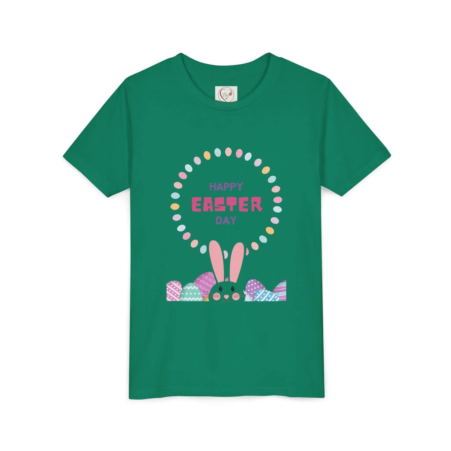 Soft cotton youth tee with Happy Easter pastel lettering, bunny ears, and decorated eggs. Perfect for egg hunts and spring celebrations. Sizes S-XL. Kelly Green