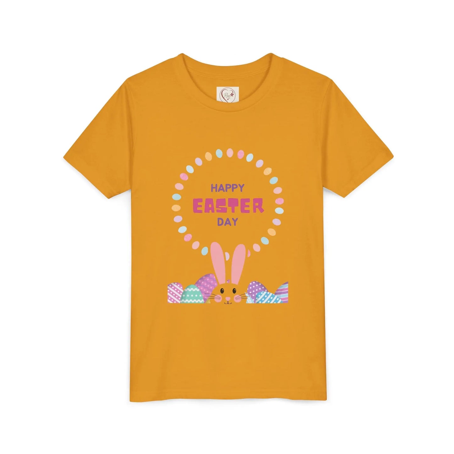 Soft cotton youth tee with Happy Easter pastel lettering, bunny ears, and decorated eggs. Perfect for egg hunts and spring celebrations. Sizes S-XL. Mustard