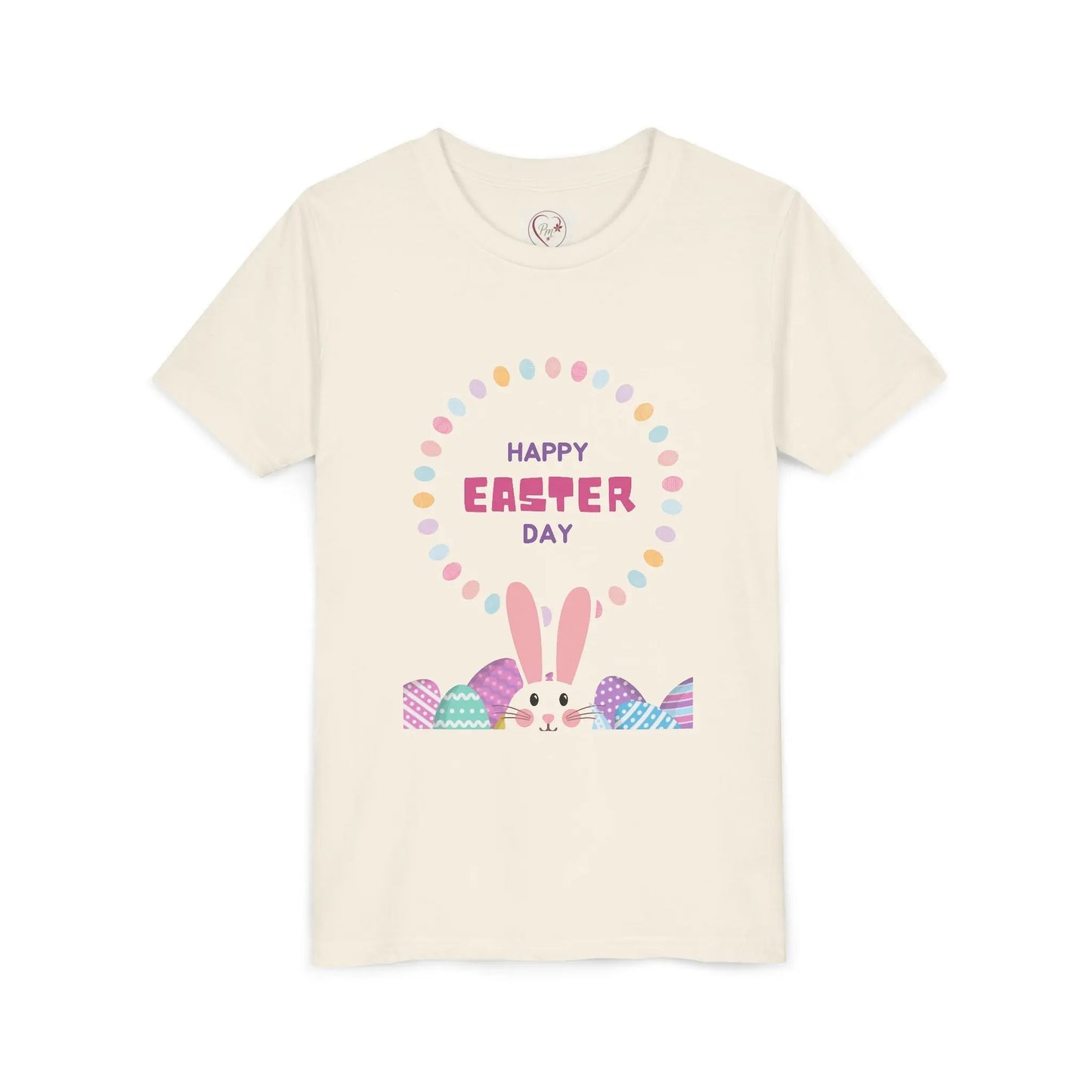Soft cotton youth tee with Happy Easter pastel lettering, bunny ears, and decorated eggs. Perfect for egg hunts and spring celebrations. Sizes S-XL.
Natural