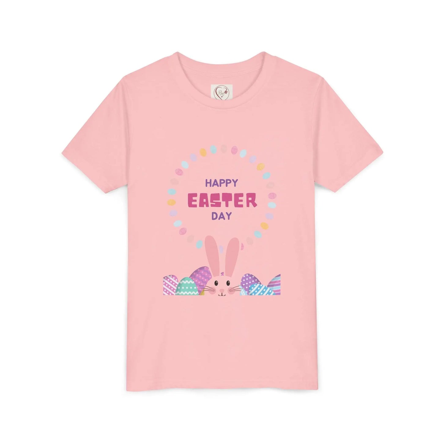 Soft cotton youth tee with Happy Easter pastel lettering, bunny ears, and decorated eggs. Perfect for egg hunts and spring celebrations. Sizes S-XL. Pink
